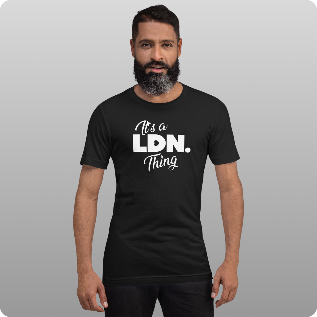 Man wearing a black t-shirt with 'It's a LDN Thing' text on a gray background