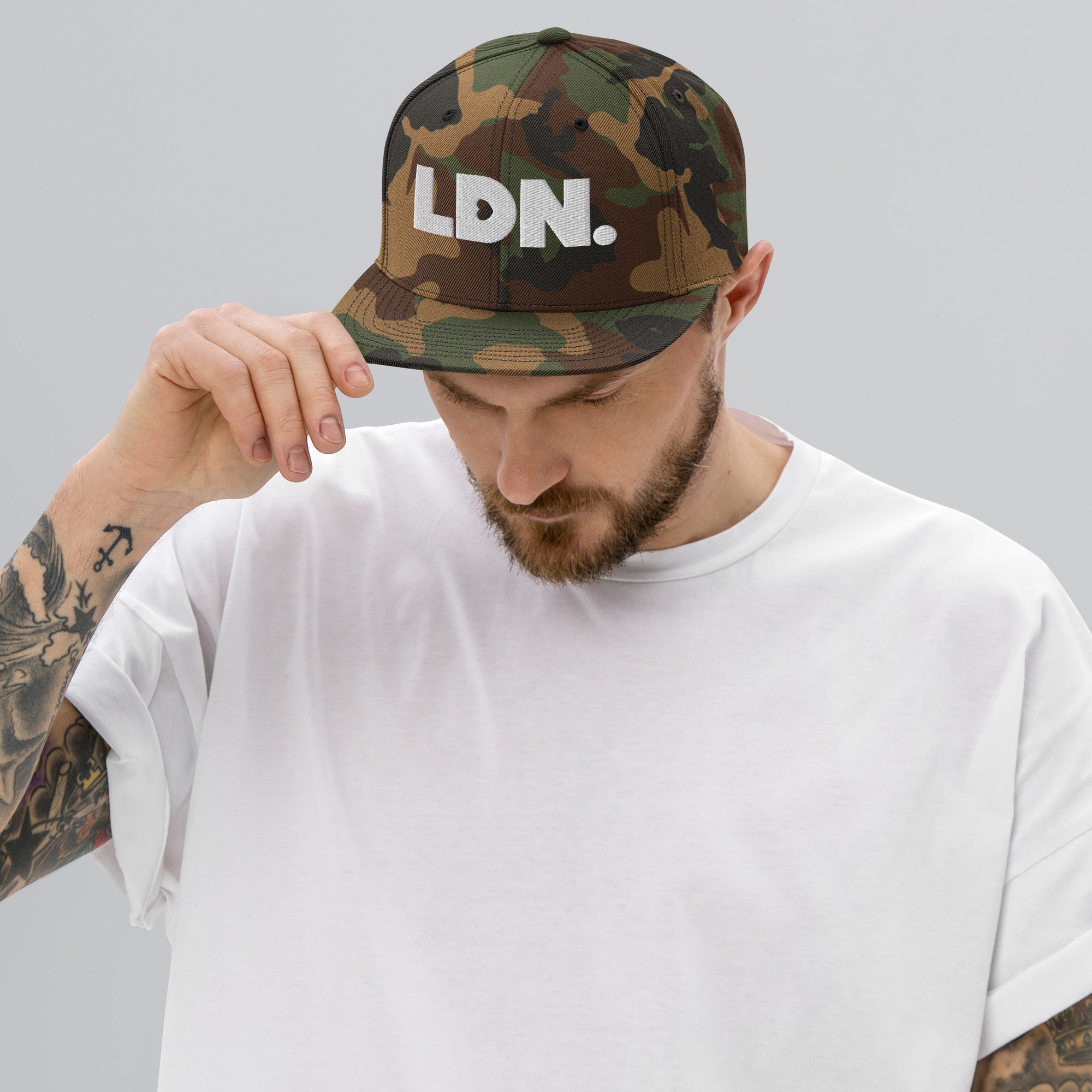 Black snapback hat featuring bold “LDN.” text in white — streetwear-ready with structured fit, flat brim, and adjustable back. A sharp urban essential for London lovers.
