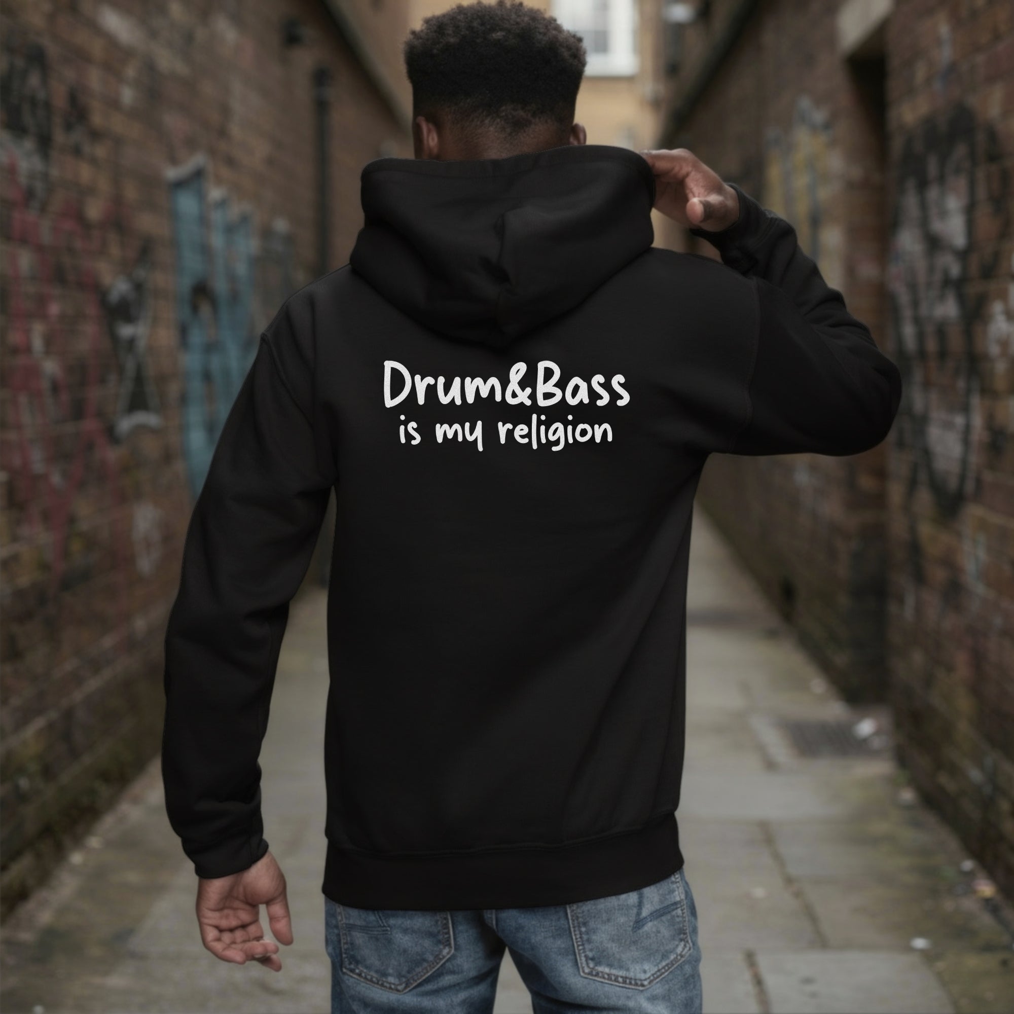 unisex hoodie with bold, colourful geometric illustration of Funky Jaysus on front and “Drum&Bass is my religion” slogan on back. A statement streetwear piece for DnB lovers and festival culture.'