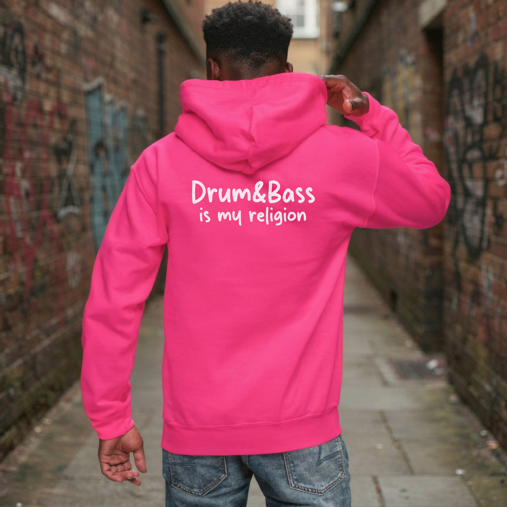 unisex hoodie with bold, colourful geometric illustration of Funky Jaysus on front and “Drum&Bass is my religion” slogan on back. A statement streetwear piece for DnB lovers and festival culture.'