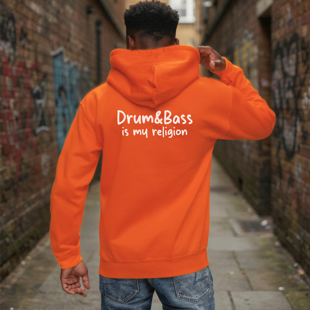 unisex hoodie with bold, colourful geometric illustration of Funky Jaysus on front and “Drum&Bass is my religion” slogan on back. A statement streetwear piece for DnB lovers and festival culture.'
