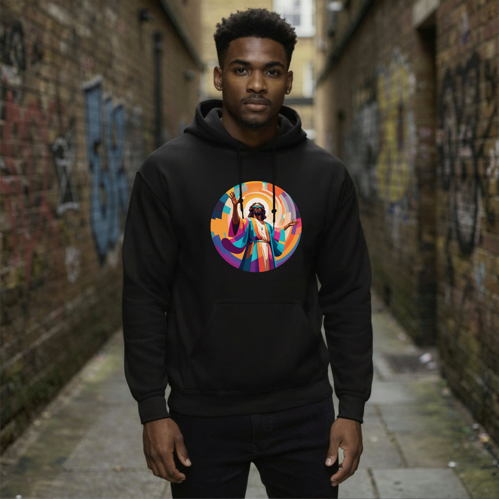 unisex hoodie with bold, colourful geometric illustration of Funky Jaysus on front and “Drum&Bass is my religion” slogan on back. A statement streetwear piece for DnB lovers and festival culture.'