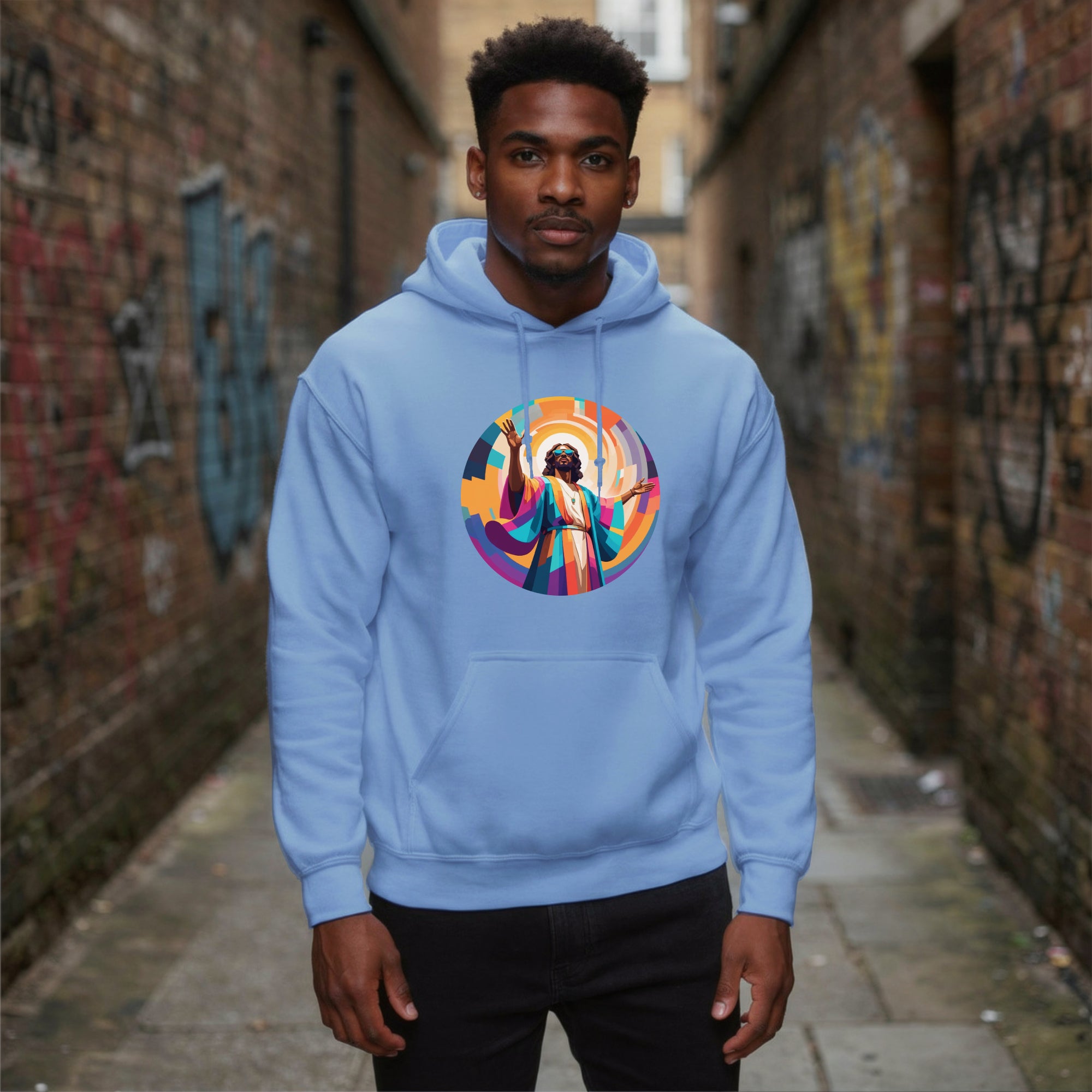 unisex hoodie with bold, colourful geometric illustration of Funky Jaysus on front and “Drum&Bass is my religion” slogan on back. A statement streetwear piece for DnB lovers and festival culture.'