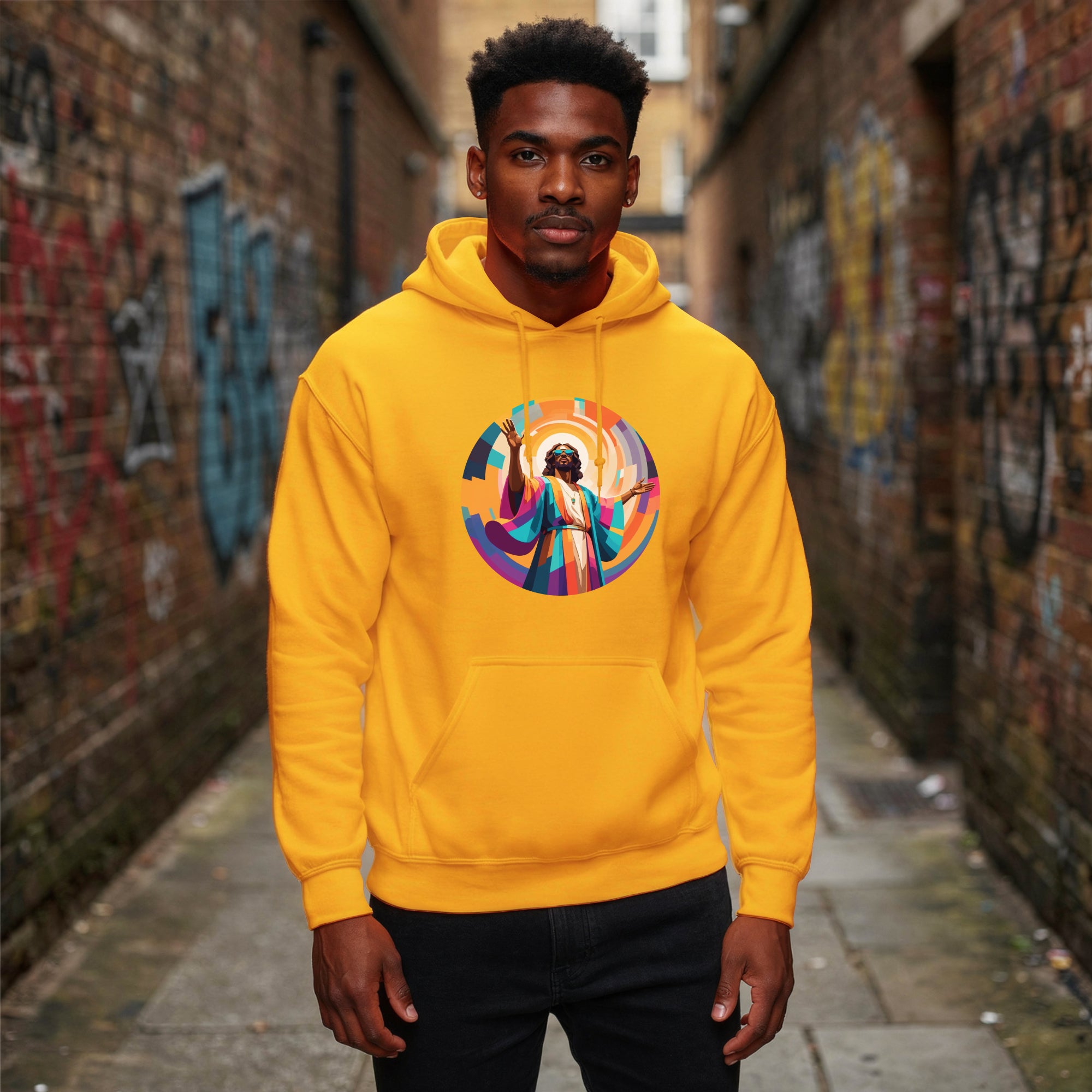 unisex hoodie with bold, colourful geometric illustration of Funky Jaysus on front and “Drum&Bass is my religion” slogan on back. A statement streetwear piece for DnB lovers and festival culture.'