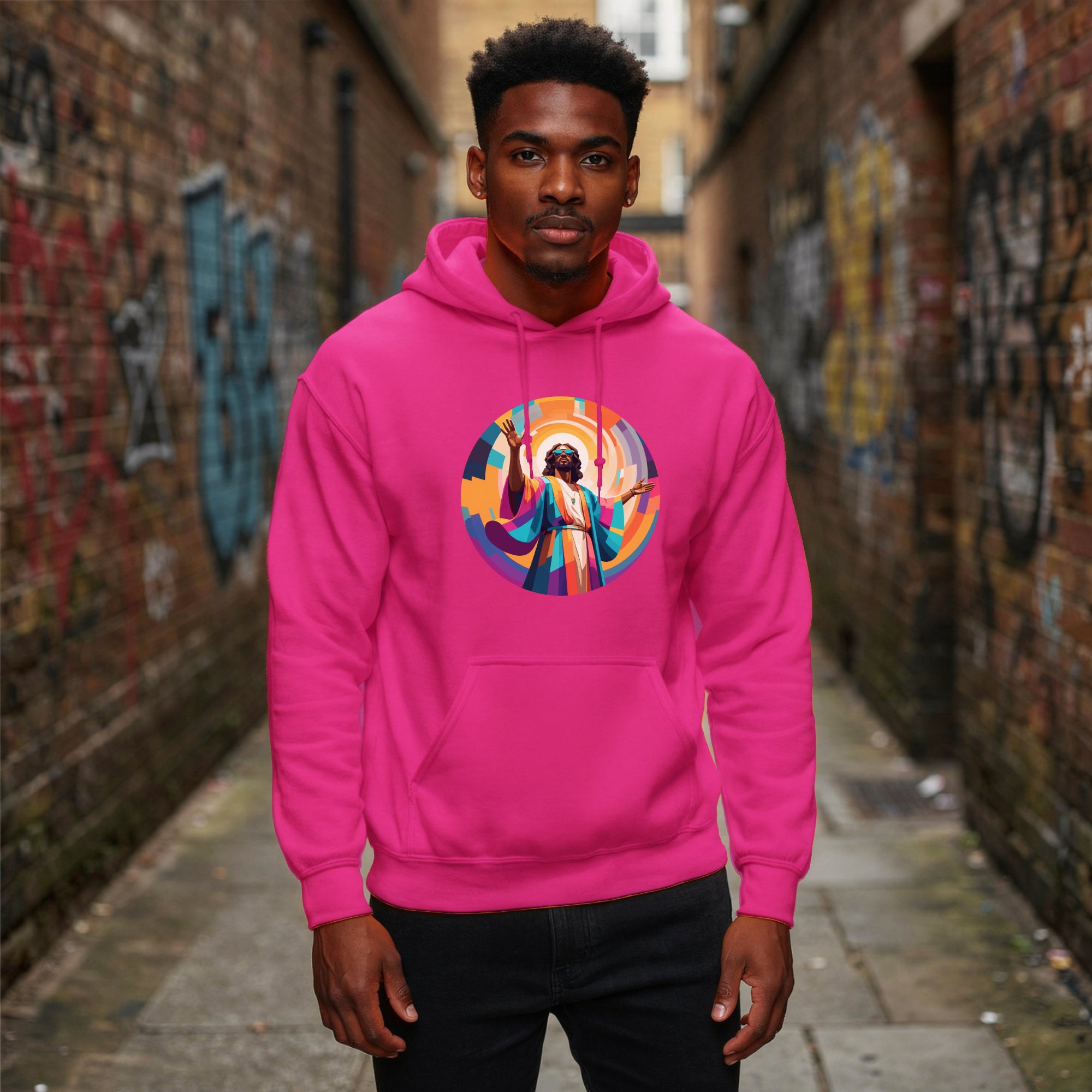 unisex hoodie with bold, colourful geometric illustration of Funky Jaysus on front and “Drum&Bass is my religion” slogan on back. A statement streetwear piece for DnB lovers and festival culture.'