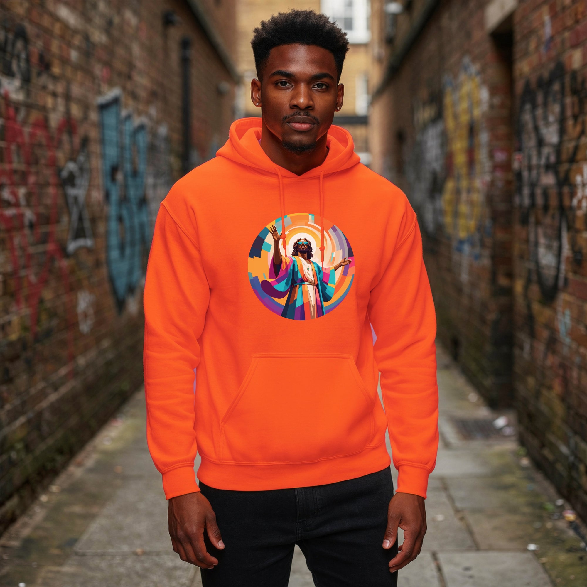 unisex hoodie with bold, colourful geometric illustration of Funky Jaysus on front and “Drum&Bass is my religion” slogan on back. A statement streetwear piece for DnB lovers and festival culture.'