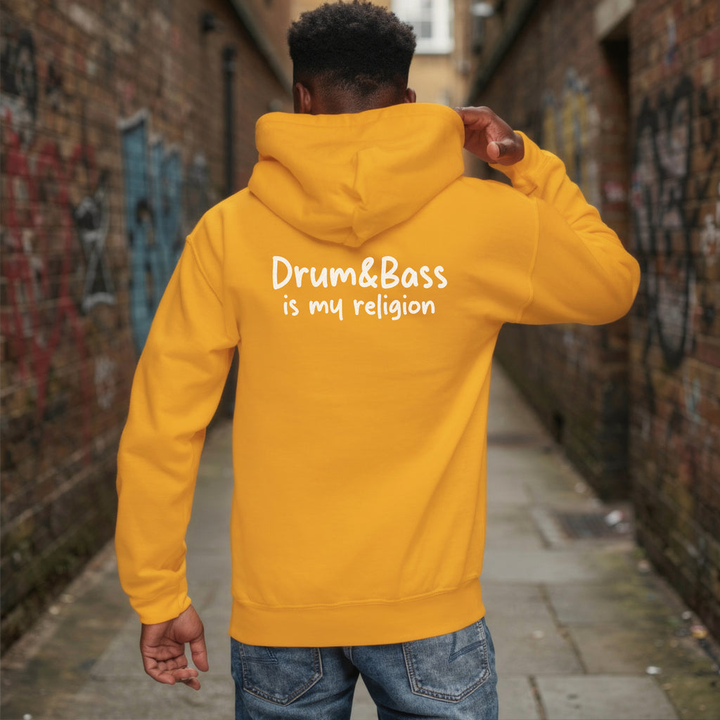 unisex hoodie with bold, colourful geometric illustration of Funky Jaysus on front and “Drum&Bass is my religion” slogan on back. A statement streetwear piece for DnB lovers and festival culture.'