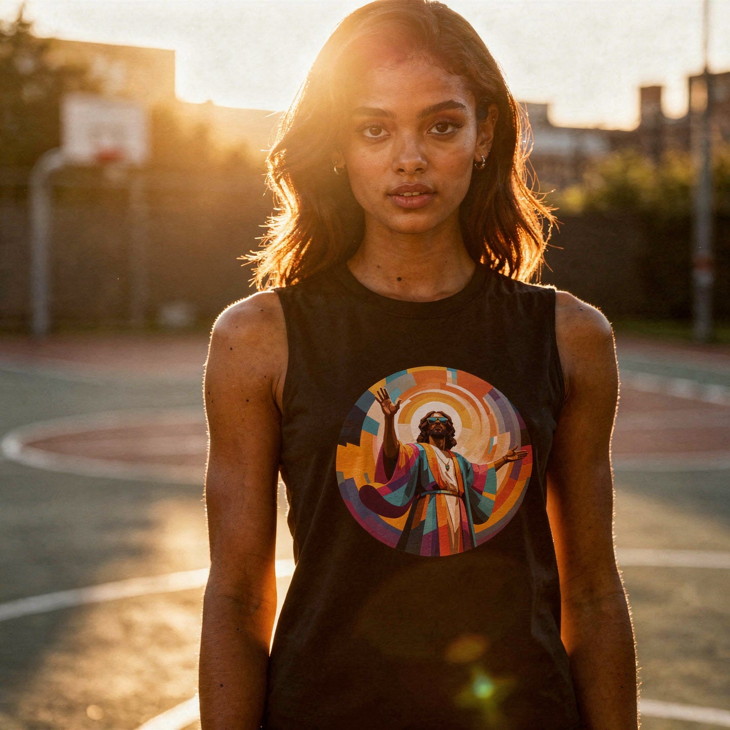 Unisex muscle top with bold geometric Funky Jaysus illustration on the front and “Drum & Bass is my religion” slogan on the back. Lightweight sleeveless streetwear top for DnB fans and festival wear.