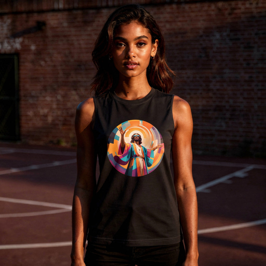 Unisex muscle top with bold geometric Funky Jaysus illustration on the front and “Drum & Bass is my religion” slogan on the back. Lightweight sleeveless streetwear top for DnB fans and festival wear.