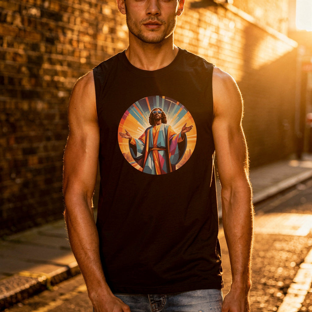 Unisex muscle top with bold geometric Funky Jaysus illustration on the front and “Drum & Bass is my religion” slogan on the back. Lightweight sleeveless streetwear top for DnB fans and festival wear.
