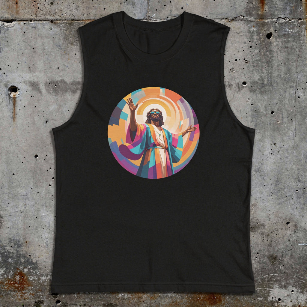 Unisex muscle top with bold geometric Funky Jaysus illustration on the front and “Drum & Bass is my religion” slogan on the back. Lightweight sleeveless streetwear top for DnB fans and festival wear.