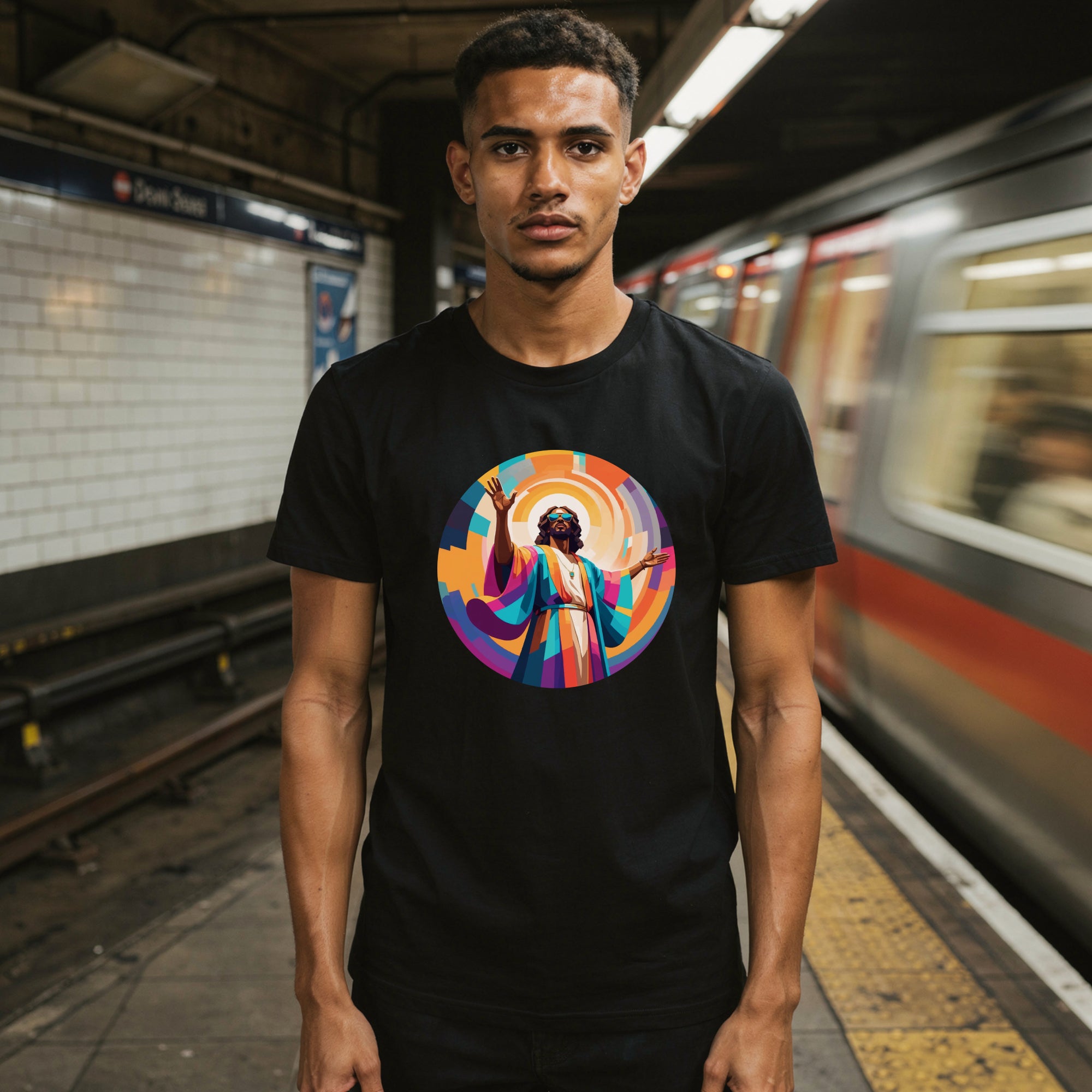 Model wearing a Unisex t-shirt with bold, geometric Funky Jaysus illustration on the front and “Drum & Bass is my religion” slogan on the back. A statement piece for DnB fans and streetwear lovers.