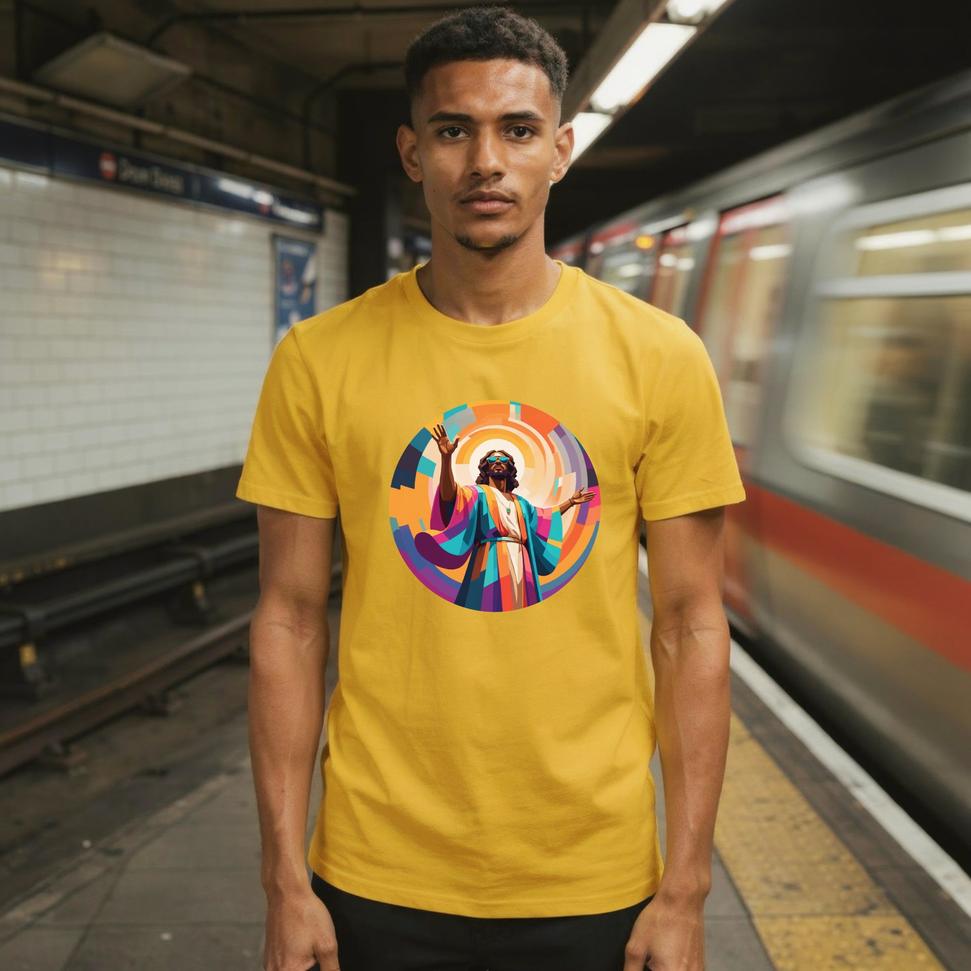 Model wearing a Unisex t-shirt with bold, geometric Funky Jaysus illustration on the front and “Drum & Bass is my religion” slogan on the back. A statement piece for DnB fans and streetwear lovers.