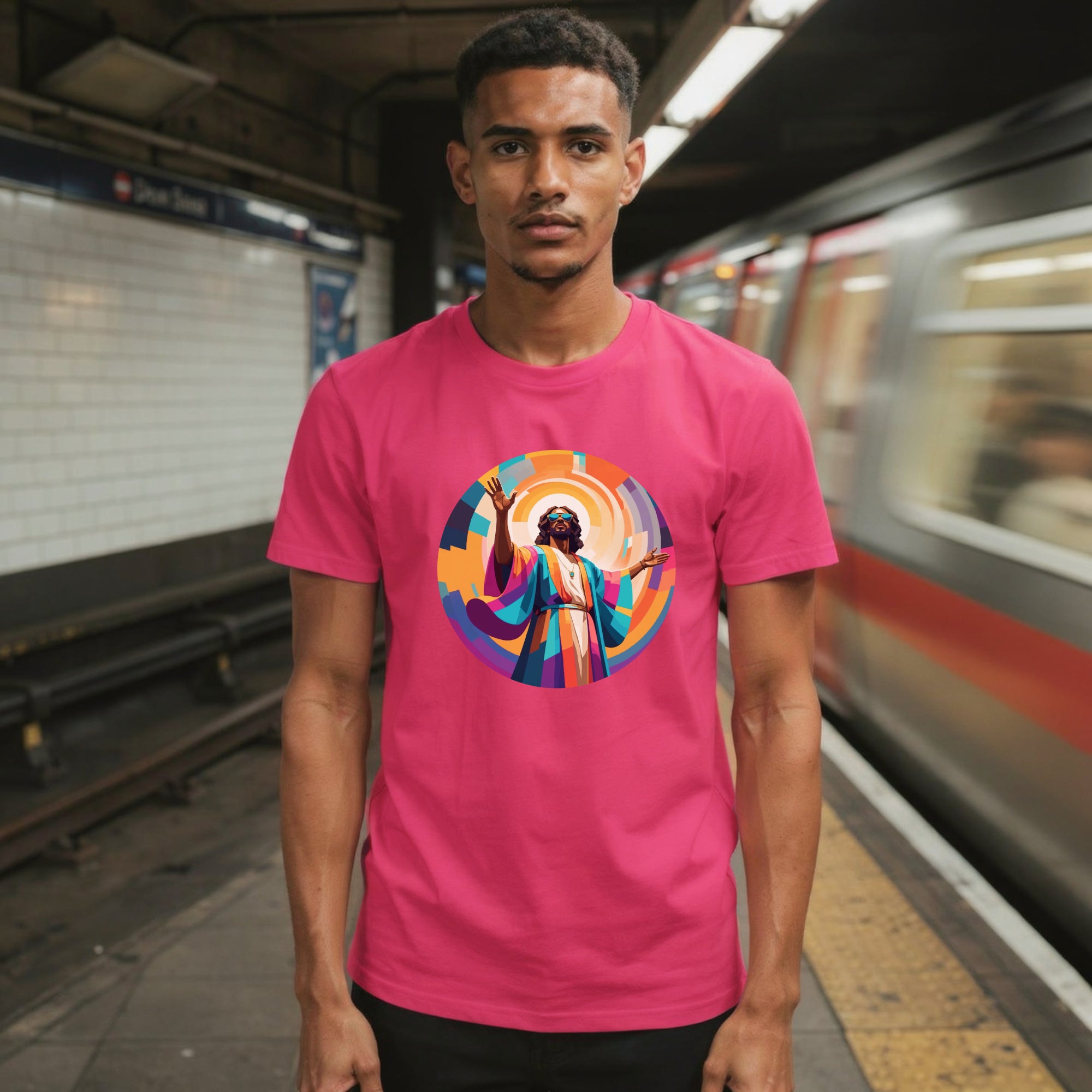 Model wearing a Unisex t-shirt with bold, geometric Funky Jaysus illustration on the front and “Drum & Bass is my religion” slogan on the back. A statement piece for DnB fans and streetwear lovers.