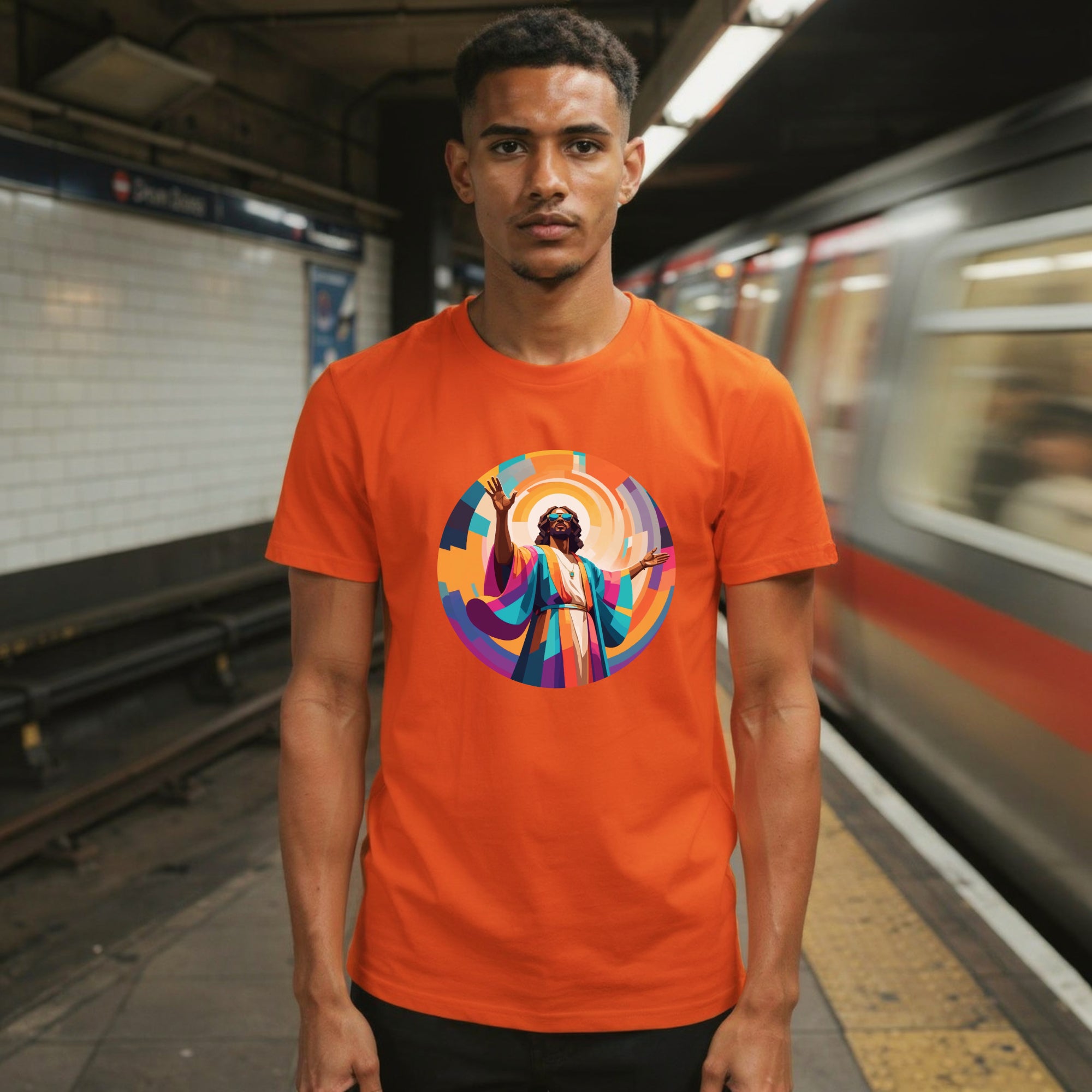 Model wearing a Unisex t-shirt with bold, geometric Funky Jaysus illustration on the front and “Drum & Bass is my religion” slogan on the back. A statement piece for DnB fans and streetwear lovers.