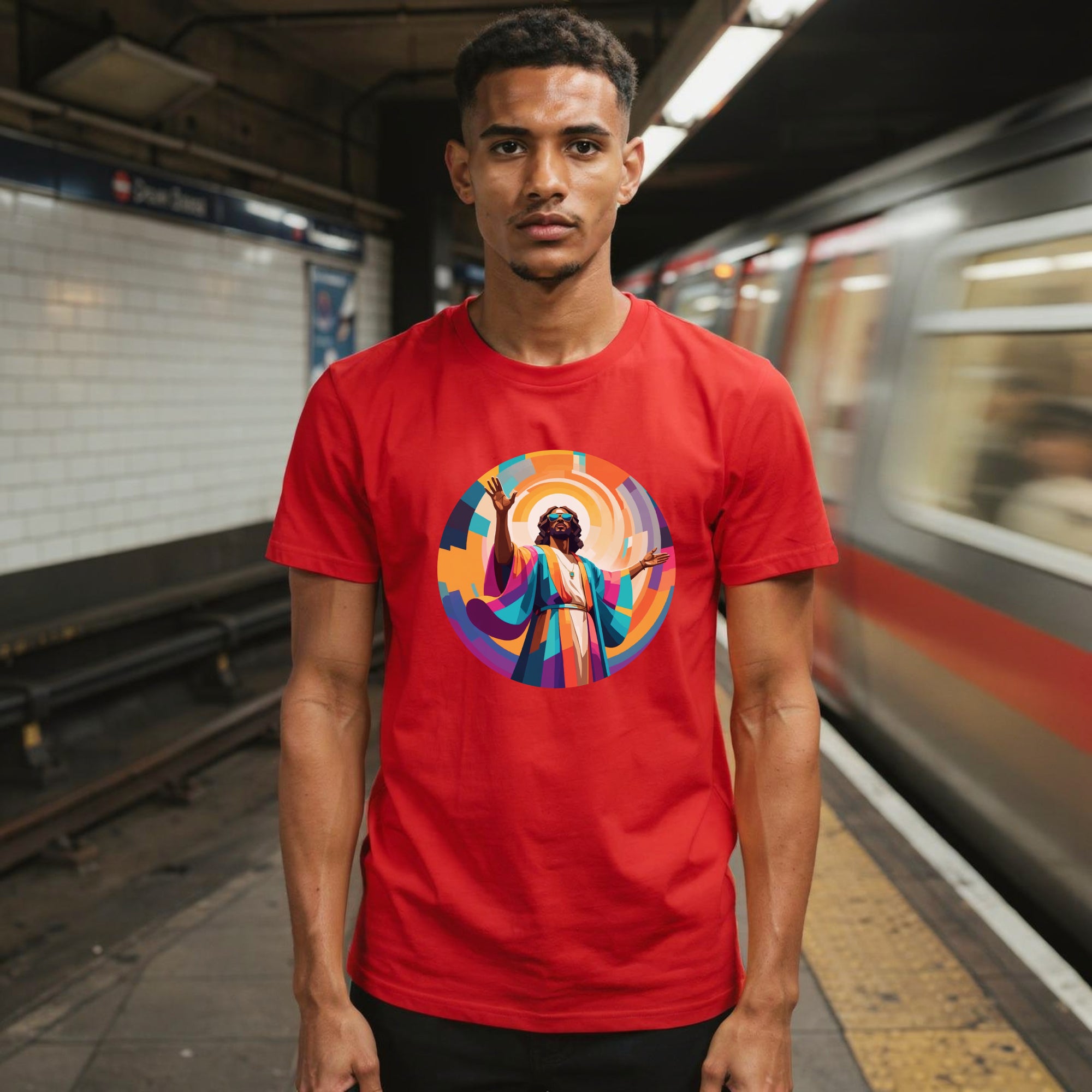Model wearing a Unisex t-shirt with bold, geometric Funky Jaysus illustration on the front and “Drum & Bass is my religion” slogan on the back. A statement piece for DnB fans and streetwear lovers.