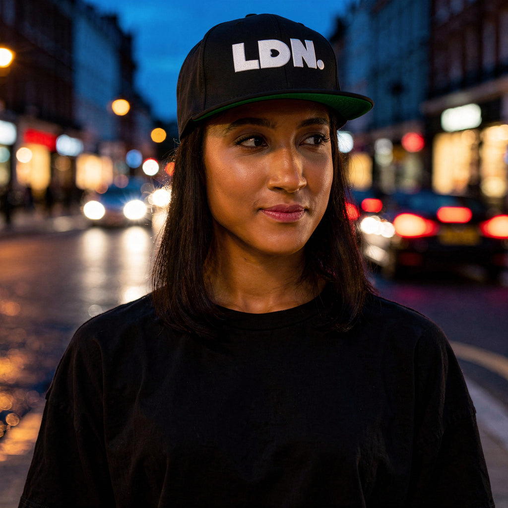 Black snapback hat featuring bold “LDN.” text in white — streetwear-ready with structured fit, flat brim, and adjustable back. A sharp urban essential for London lovers.