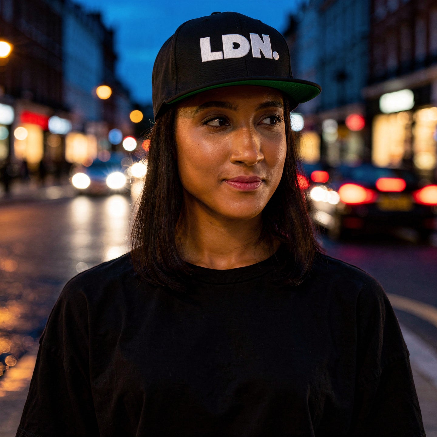 Black snapback hat featuring bold “LDN.” text in white — streetwear-ready with structured fit, flat brim, and adjustable back. A sharp urban essential for London lovers.