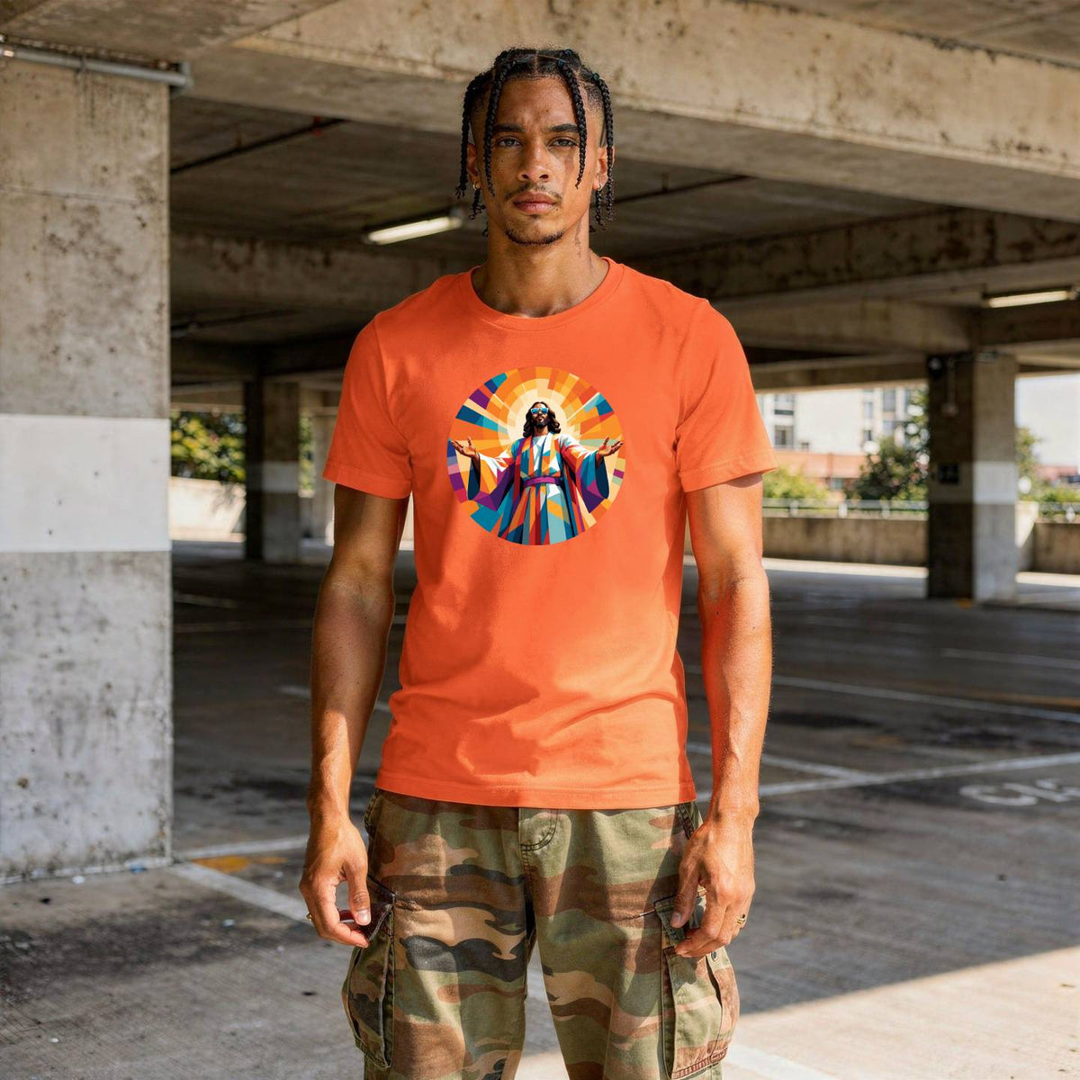 T-shirt featuring a vibrant geometric Funky Jesus graphic in a circular sunburst design, modelled in a covered parking structure.