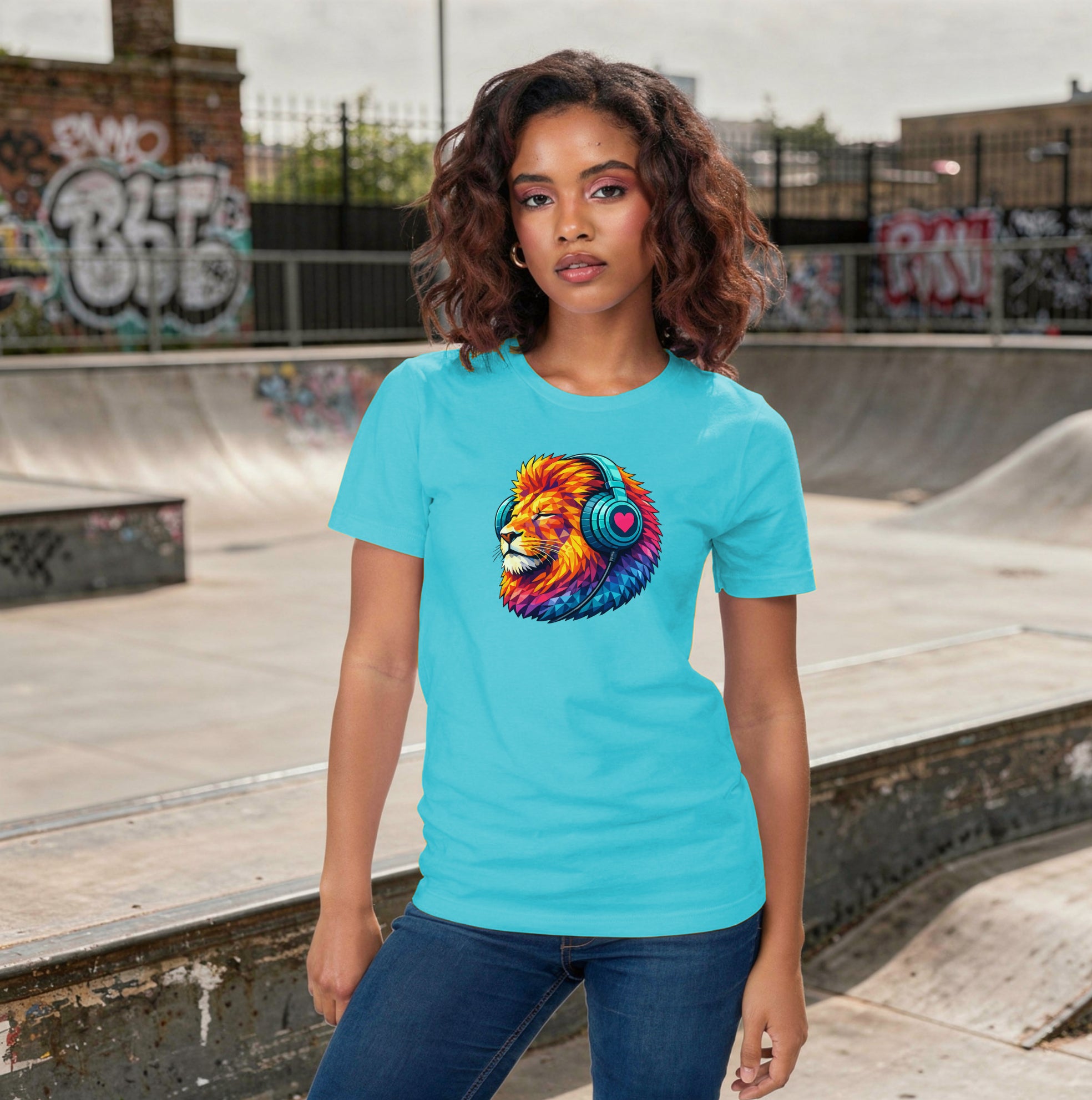Person wearing a t-shirt with a colourful lion graphic, standing in a skateboard park