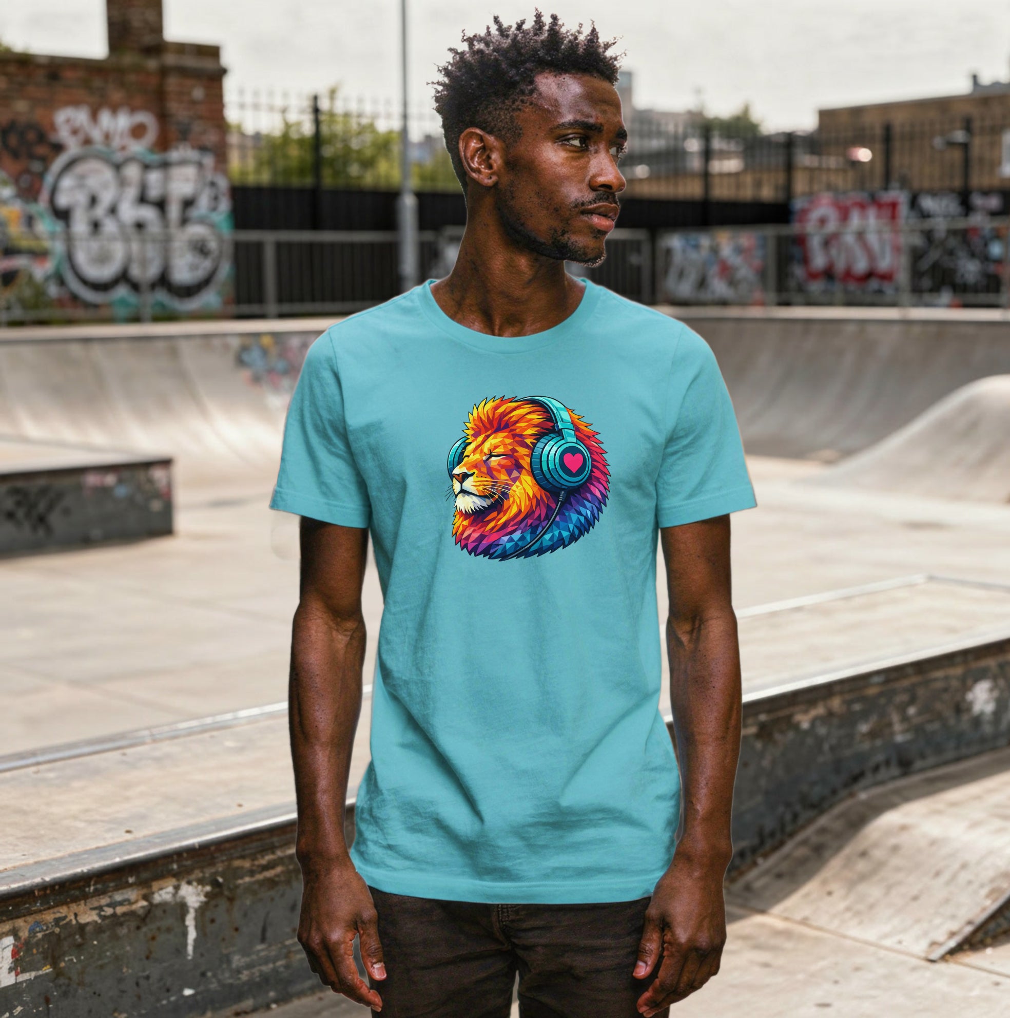 Person wearing a t-shirt with a colourful lion graphic, standing in a skateboard park
