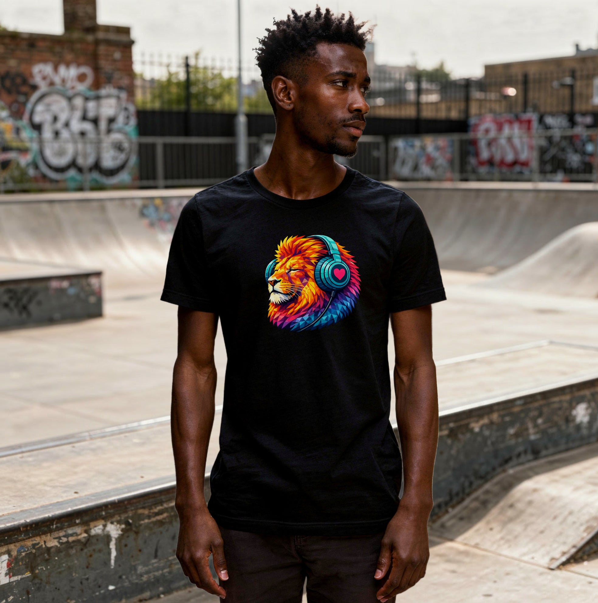 Person wearing a t-shirt with a colourful lion graphic, standing between in a skateboard park