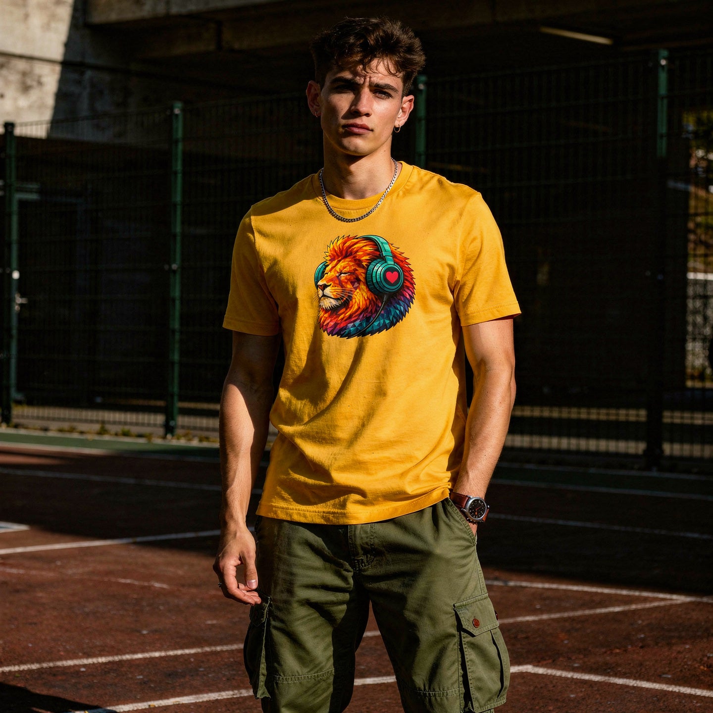 Person wearing a t-shirt with a colourful lion graphic, standing n a skateboard park
