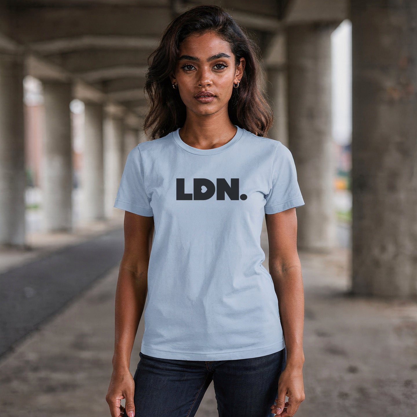 A t-shirt featuring a bold, minimalist design with LDN printed in large, dark letters across the chest. This unisex t-shirt offers a sleek and stylish way to show your London pride, perfect for casual wear or as a statement piece.