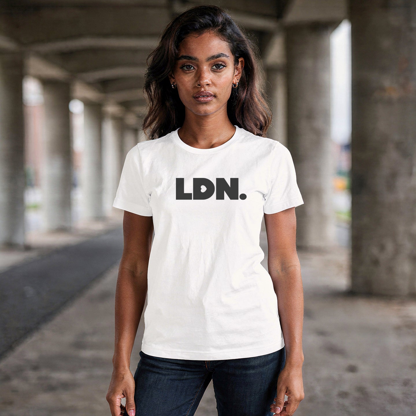 A t-shirt featuring a bold, minimalist design with LDN printed in large, dark letters across the chest. This unisex t-shirt offers a sleek and stylish way to show your London pride, perfect for casual wear or as a statement piece.