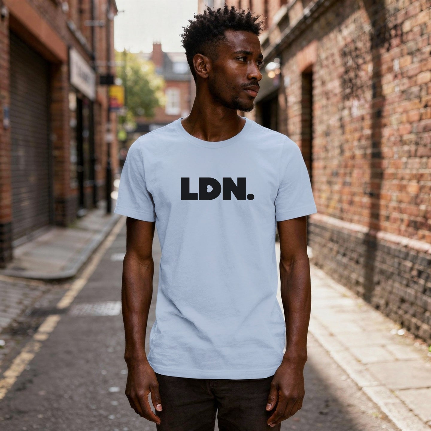 A t-shirt featuring a bold, minimalist design with LDN printed in large, dark letters across the chest. This unisex t-shirt offers a sleek and stylish way to show your London pride, perfect for casual wear or as a statement piece.