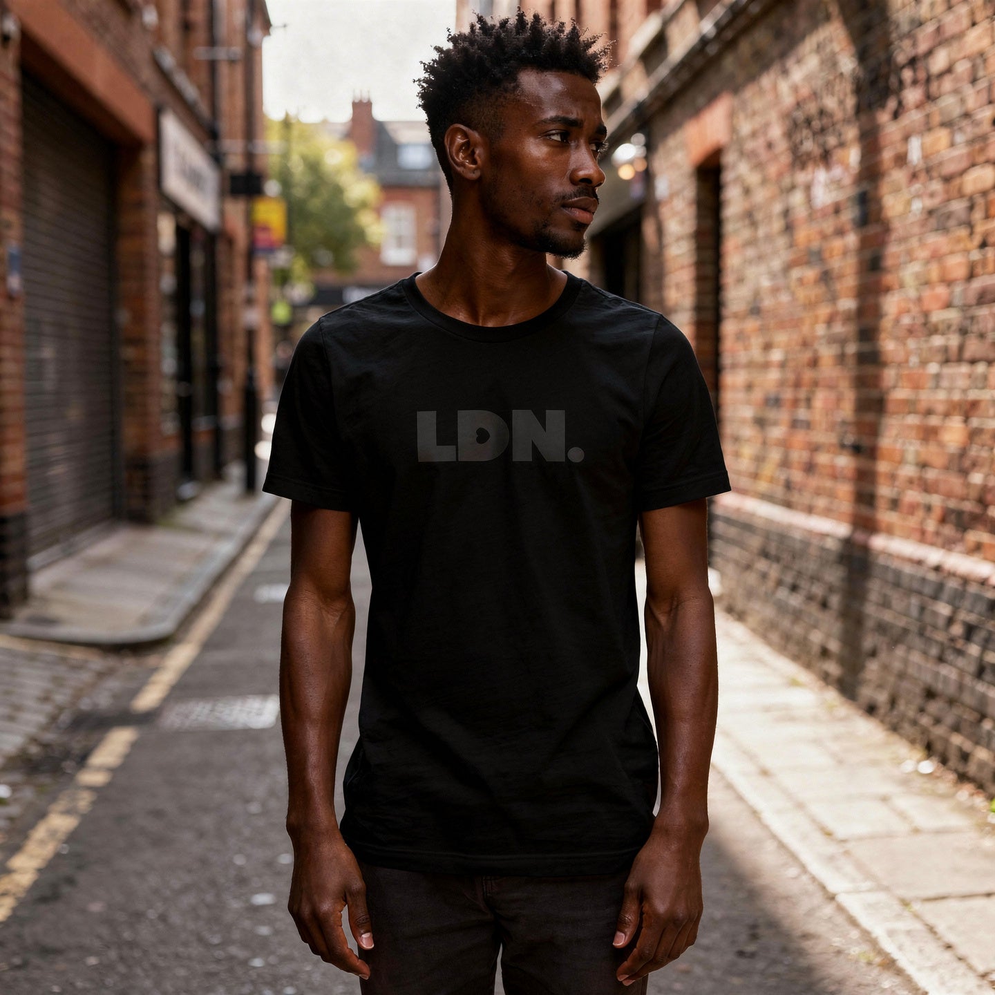 A t-shirt featuring a bold, minimalist design with LDN printed in large, dark letters across the chest. This unisex t-shirt offers a sleek and stylish way to show your London pride, perfect for casual wear or as a statement piece.