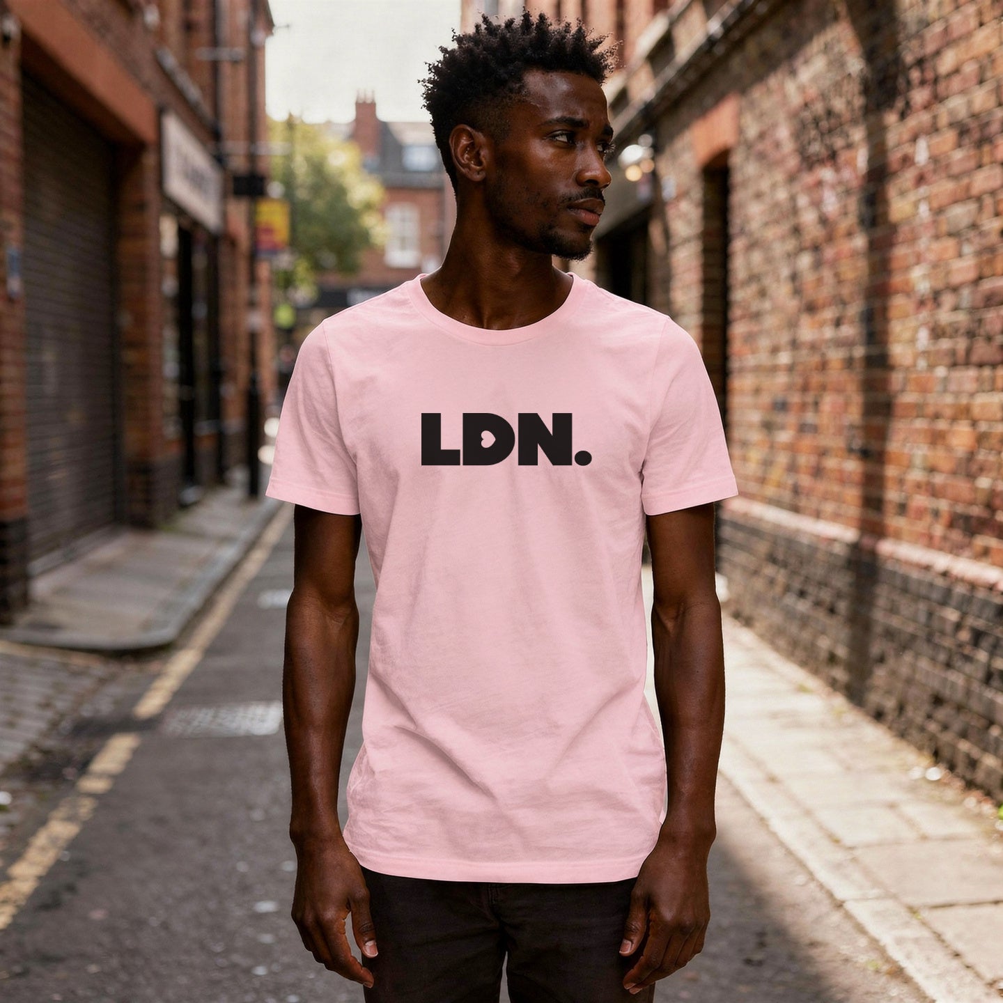 A t-shirt featuring a bold, minimalist design with LDN printed in large, dark letters across the chest. This unisex t-shirt offers a sleek and stylish way to show your London pride, perfect for casual wear or as a statement piece.