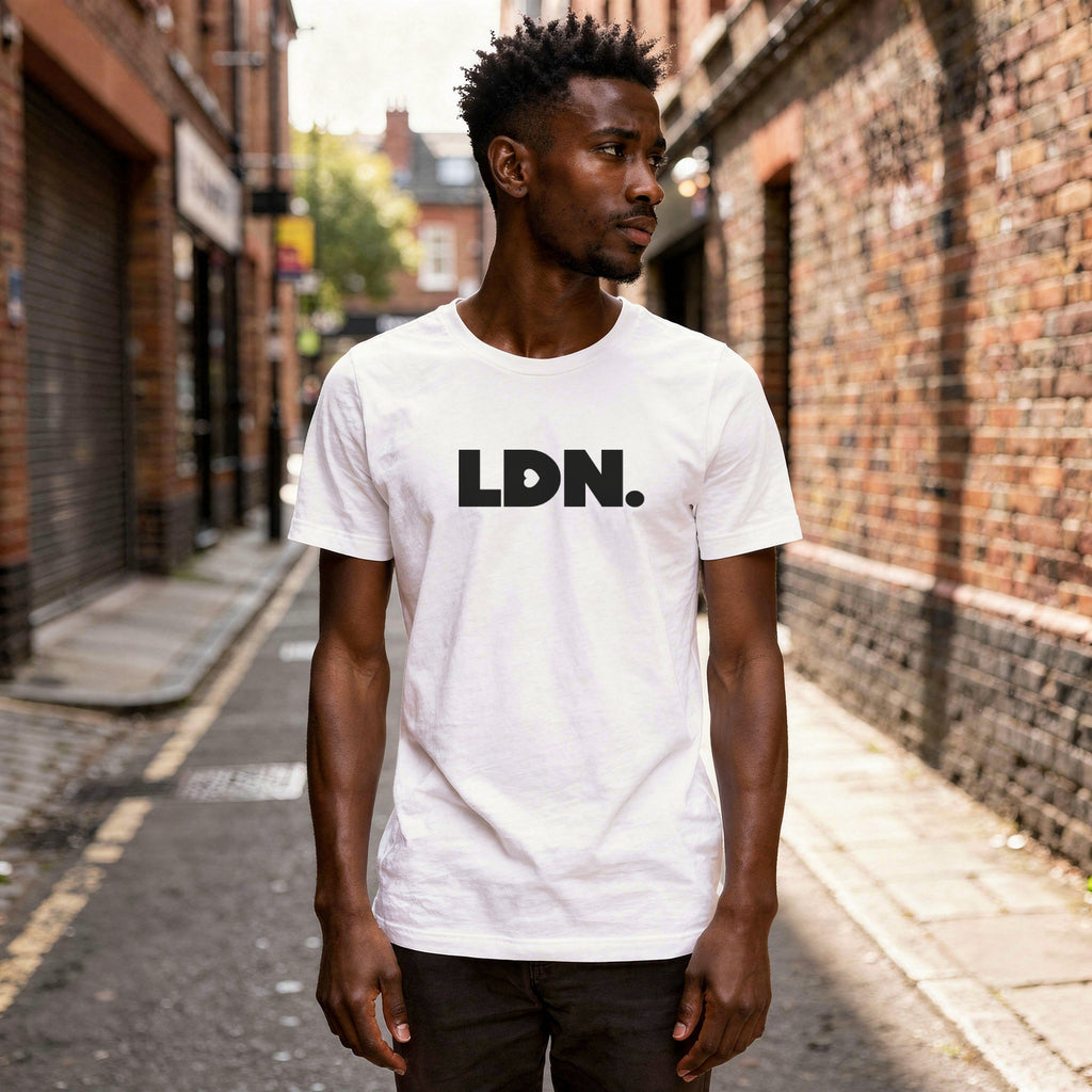 A t-shirt featuring a bold, minimalist design with LDN printed in large, dark letters across the chest. This unisex t-shirt offers a sleek and stylish way to show your London pride, perfect for casual wear or as a statement piece.