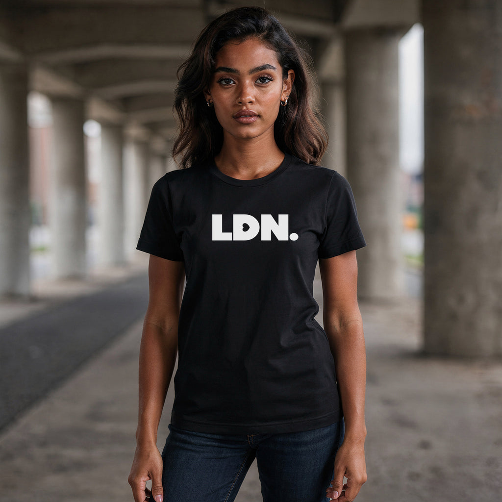 T-shirt featuring a bold, minimalist design with LDN printed in large, white letters across the chest. This unisex t-shirt offers a sleek and stylish way to show your London pride, perfect for casual wear or as a statement piece.