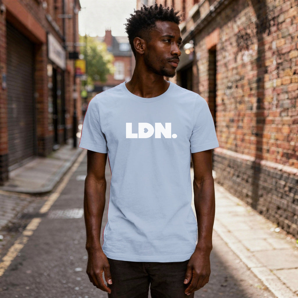 T-shirt featuring a bold, minimalist design with LDN printed in large, white letters across the chest. This unisex t-shirt offers a sleek and stylish way to show your London pride, perfect for casual wear or as a statement piece.