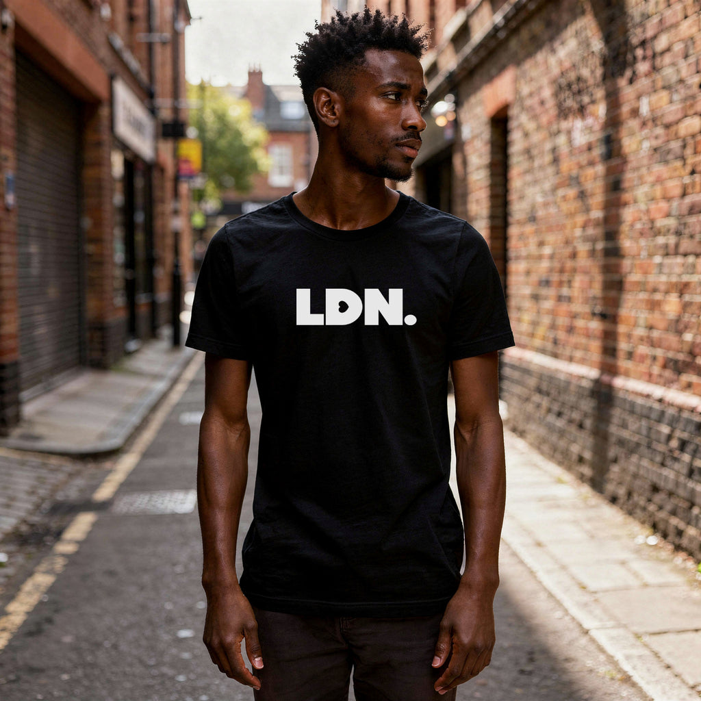 T-shirt featuring a bold, minimalist design with LDN printed in large, dark letters across the chest. This unisex t-shirt offers a sleek and stylish way to show your London pride, perfect for casual wear or as a statement piece.