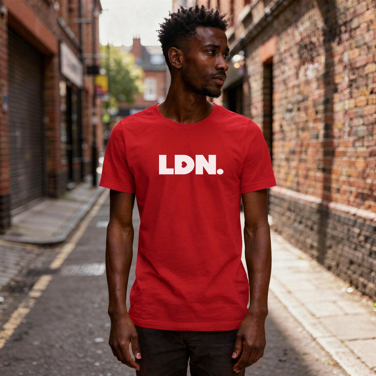 T-shirt featuring a bold, minimalist design with LDN printed in large, white letters across the chest. This unisex t-shirt offers a sleek and stylish way to show your London pride, perfect for casual wear or as a statement piece.