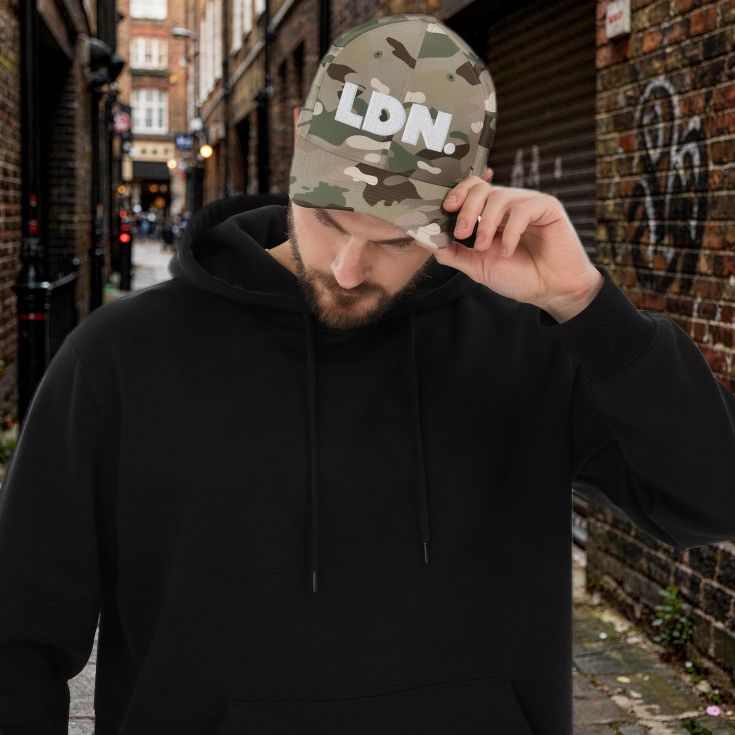 Structured twill cap with bold LDN. embroidery. Available in black, camo, red, navy, khaki and more. Two fitted sizes (S/M, L/XL). Clean finish, no mesh.