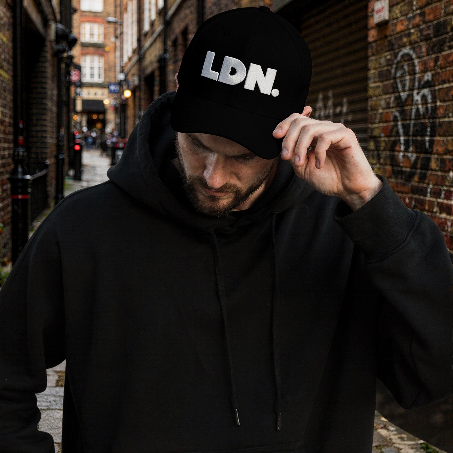 Structured twill cap with bold LDN. embroidery. Available in black, camo, red, navy, khaki and more. Two fitted sizes (S/M, L/XL). Clean finish, no mesh.