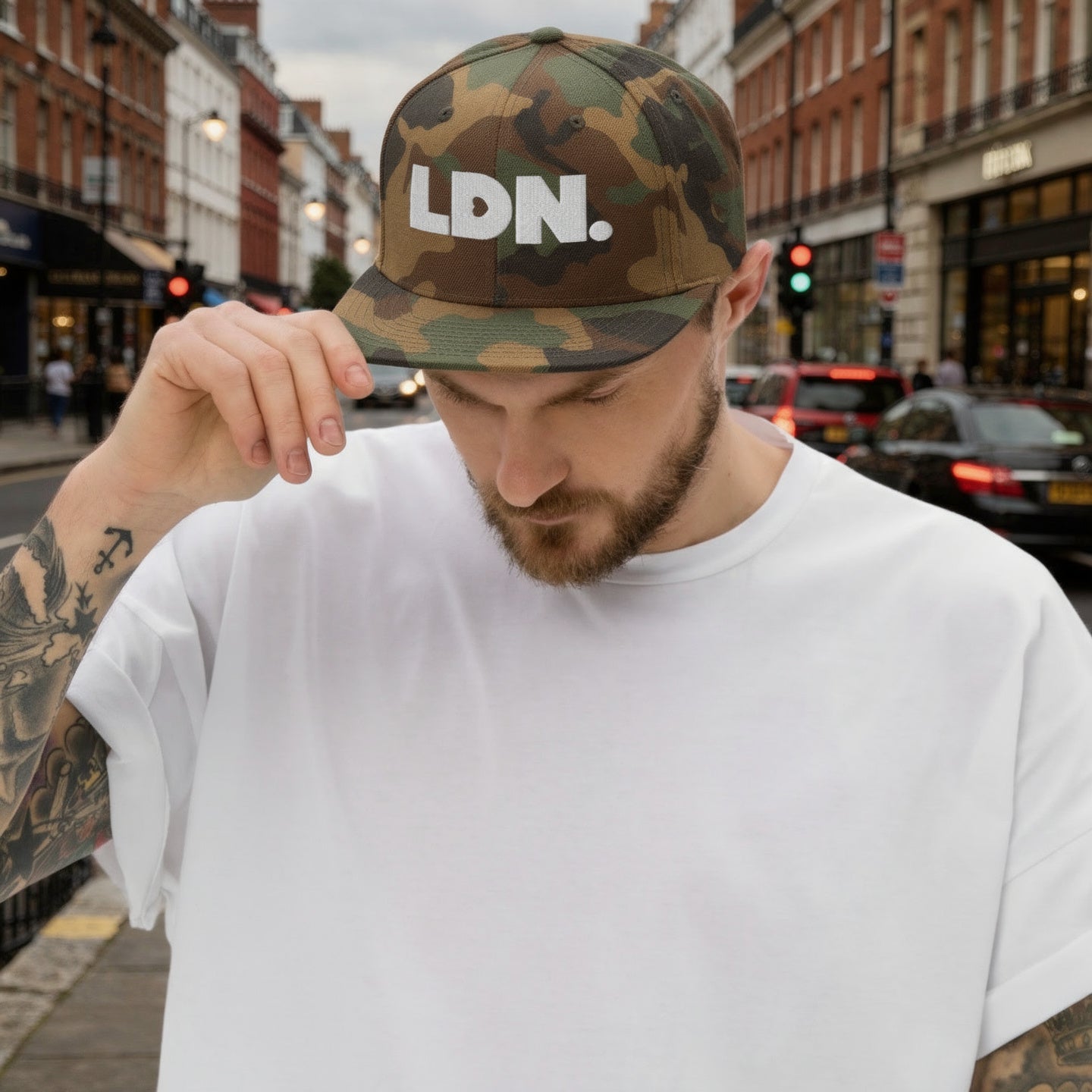 Camo snapback hat featuring bold “LDN.” text in white — streetwear-ready with structured fit, flat brim, and adjustable back. A sharp urban essential for London lovers.