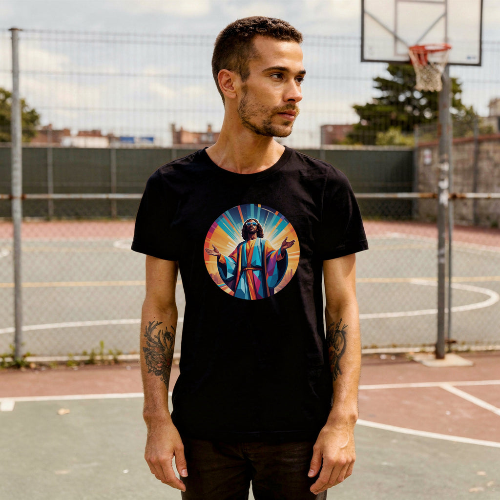 A bold "Music is My Religion" unisex t-shirt featuring a funky Jesus design in vibrant, geometric art. Made from 100% ring-spun cotton, this stylish shirt is perfect for music lovers, festival gear, and unique graphic tees that stand out.