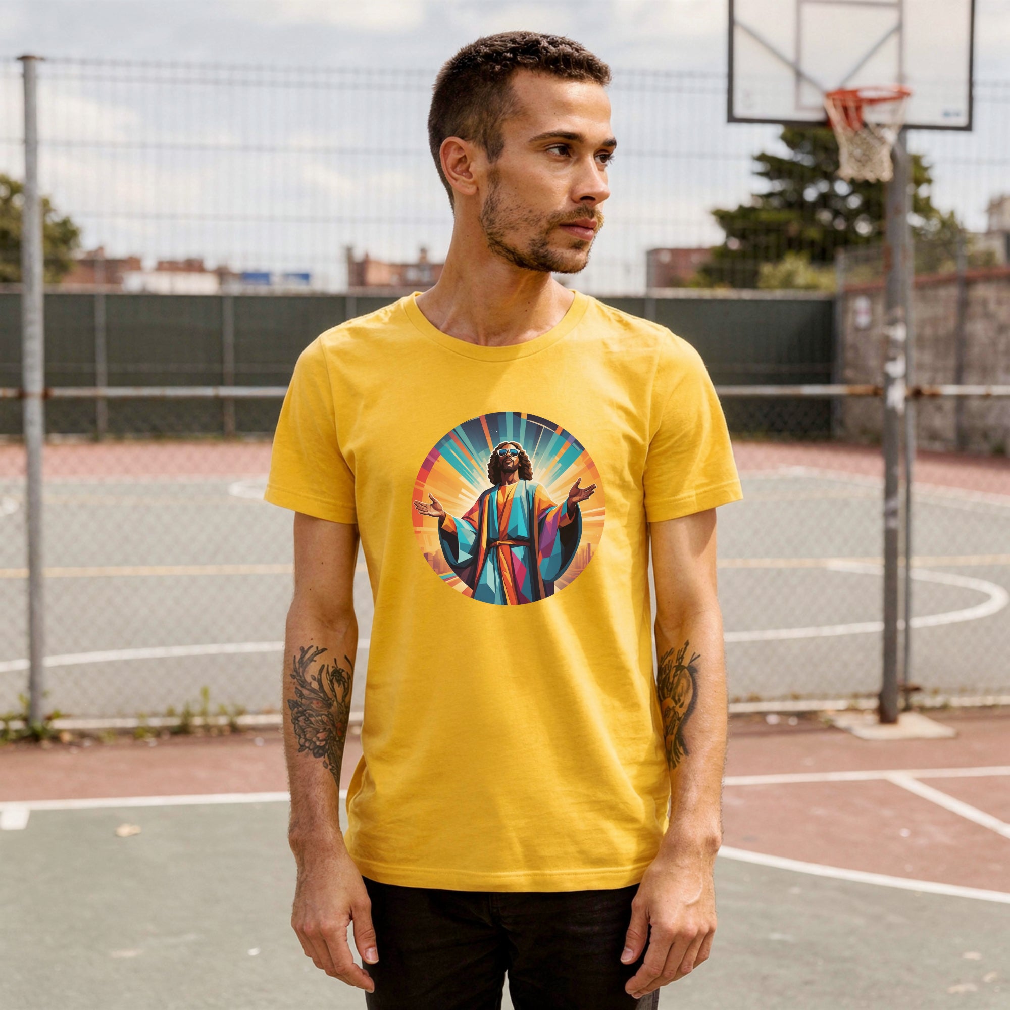 A bold "Music is My Religion" unisex t-shirt featuring a funky Jesus design in vibrant, geometric art. Made from 100% ring-spun cotton, this stylish shirt is perfect for music lovers, festival gear, and unique graphic tees that stand out.