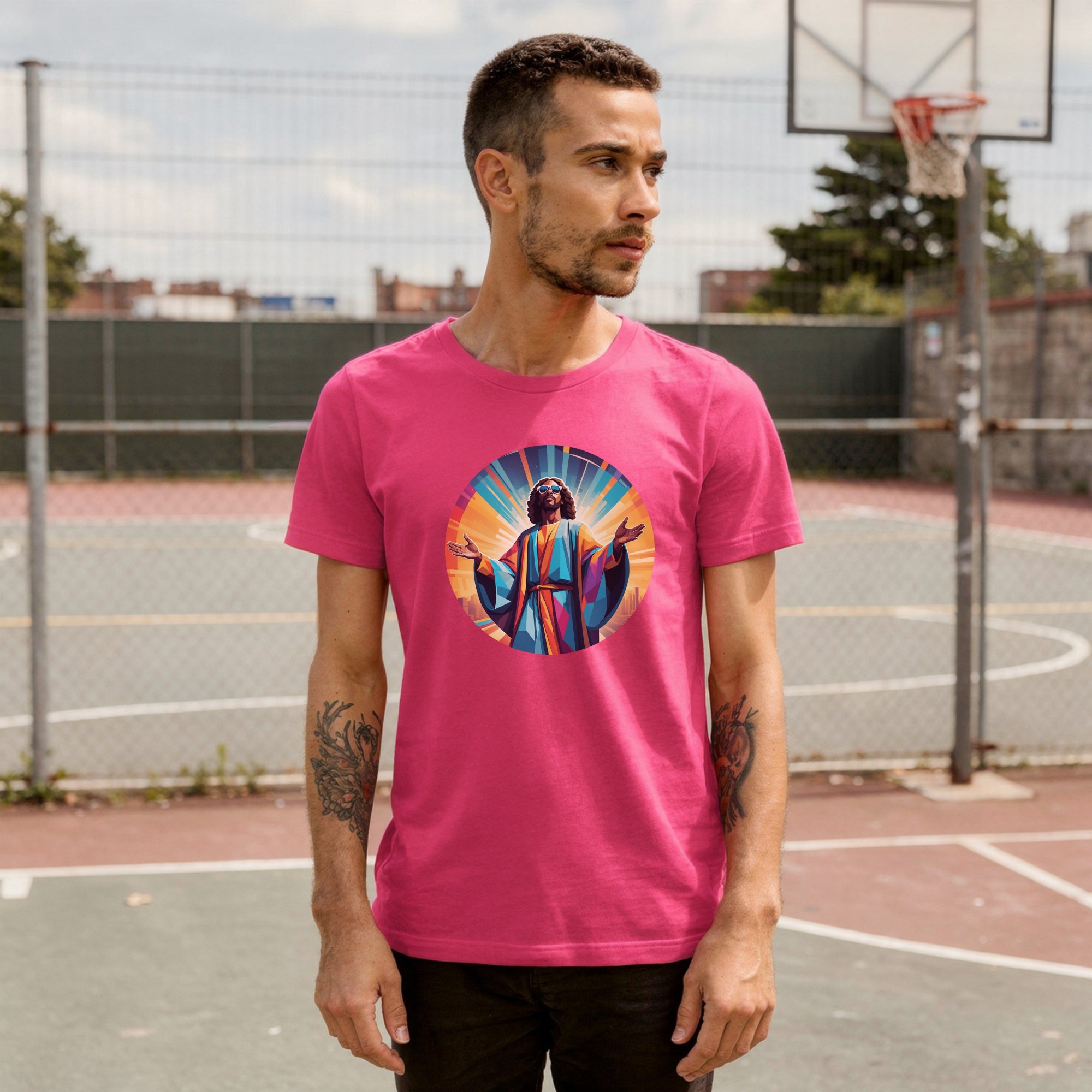 A bold "Music is My Religion" unisex t-shirt featuring a funky Jesus design in vibrant, geometric art. Made from 100% ring-spun cotton, this stylish shirt is perfect for music lovers, festival gear, and unique graphic tees that stand out.