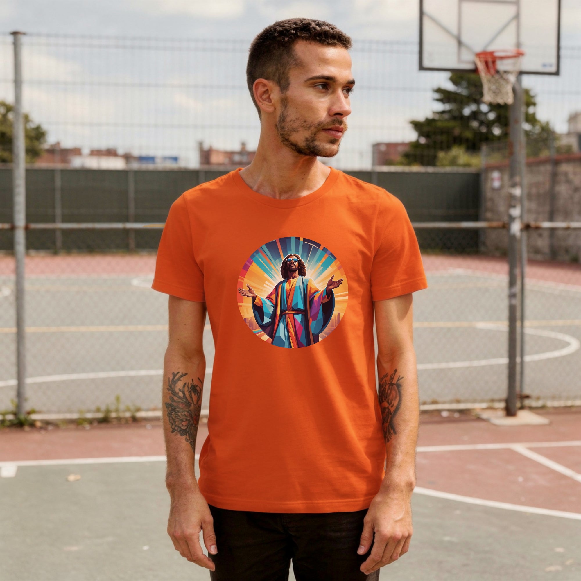 A bold "Music is My Religion" unisex t-shirt featuring a funky Jesus design in vibrant, geometric art. Made from 100% ring-spun cotton, this stylish shirt is perfect for music lovers, festival gear, and unique graphic tees that stand out.