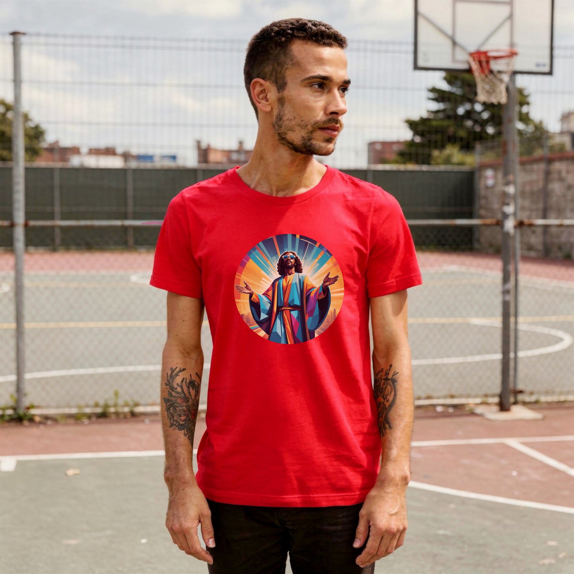 A bold "Music is My Religion" unisex t-shirt featuring a funky Jesus design in vibrant, geometric art. Made from 100% ring-spun cotton, this stylish shirt is perfect for music lovers, festival gear, and unique graphic tees that stand out.
