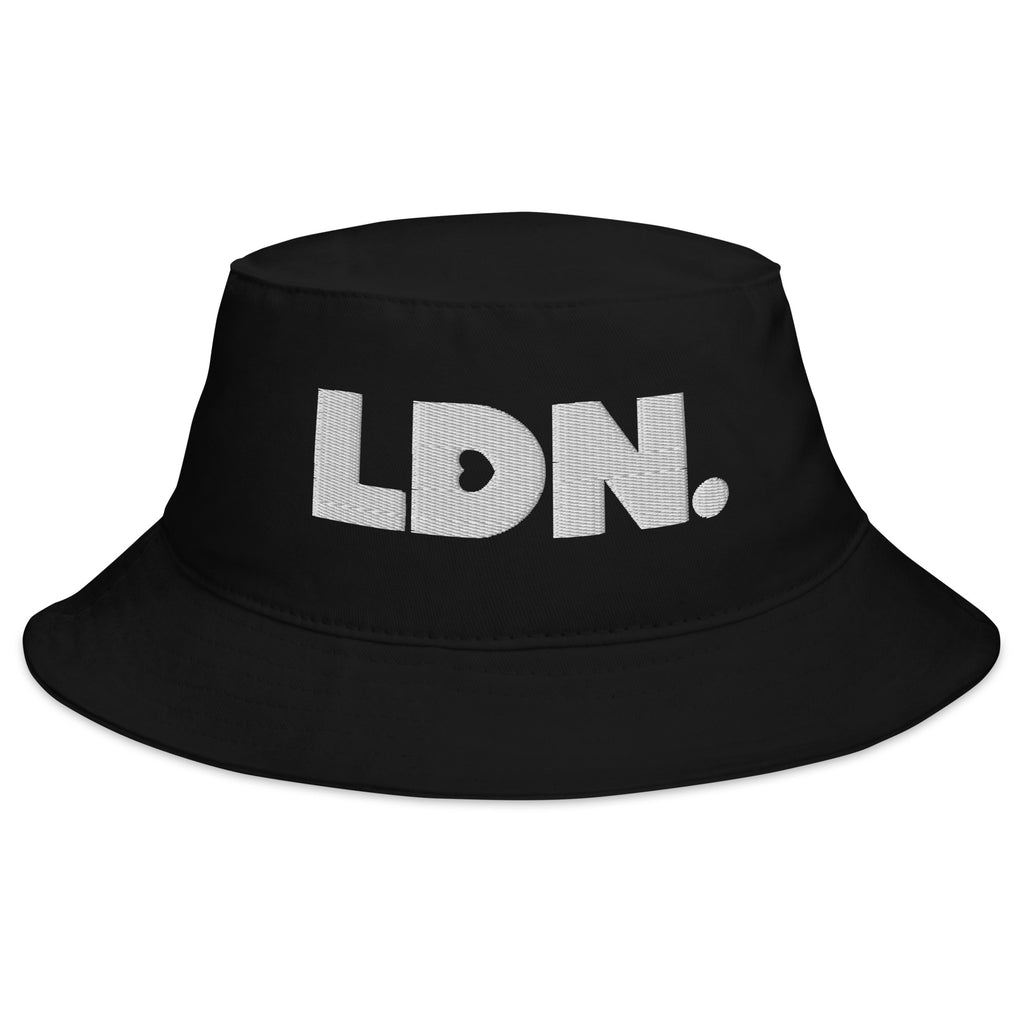 Bucket hat with bold embroidered LDN. logo on front. Features cotton twill fabric, breathable eyelets, and a relaxed wide brim. Ideal for everyday streetwear, summer outfits, or repping London in casual style.