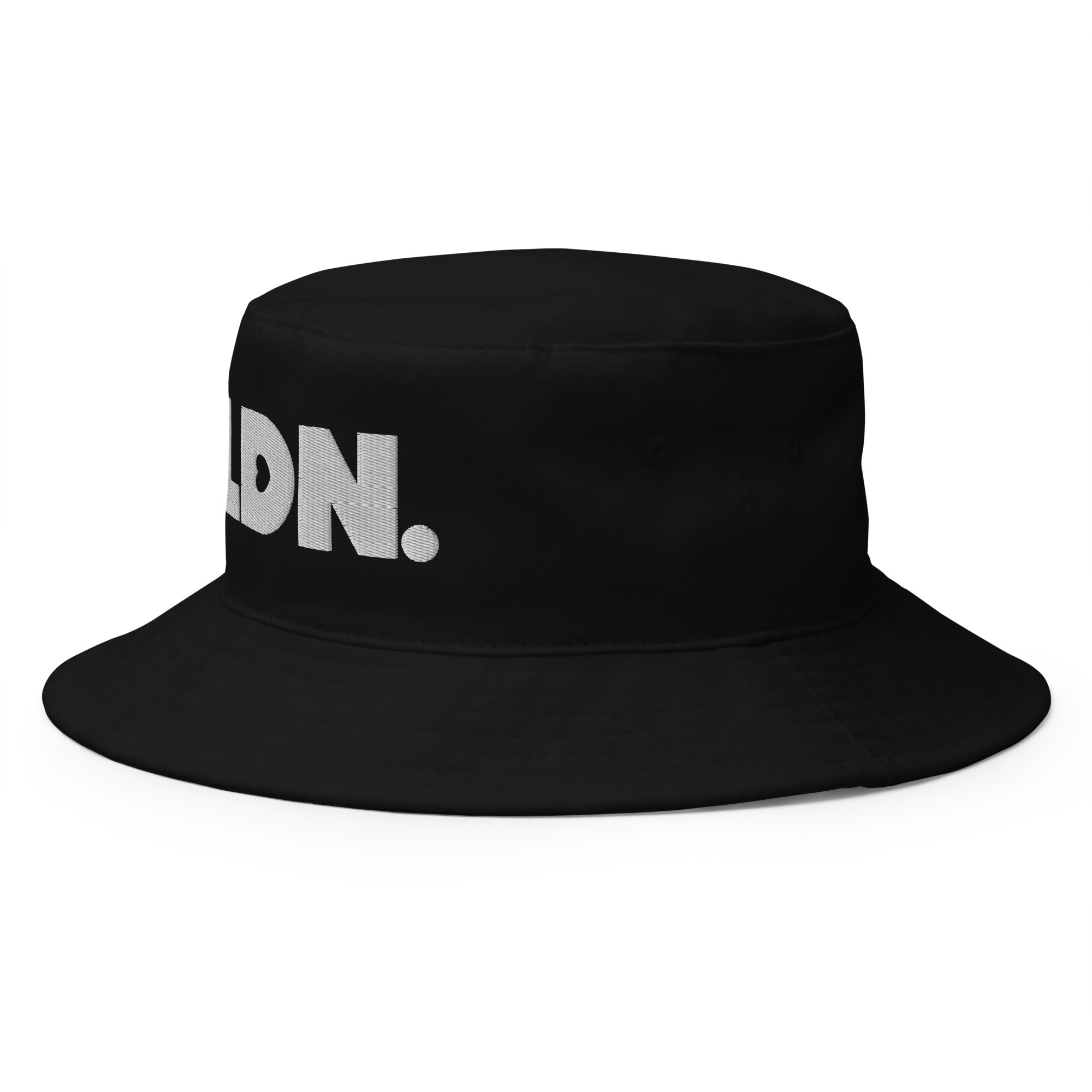 Bucket hat with bold embroidered LDN. logo on front. Features cotton twill fabric, breathable eyelets, and a relaxed wide brim. Ideal for everyday streetwear, summer outfits, or repping London in casual style.