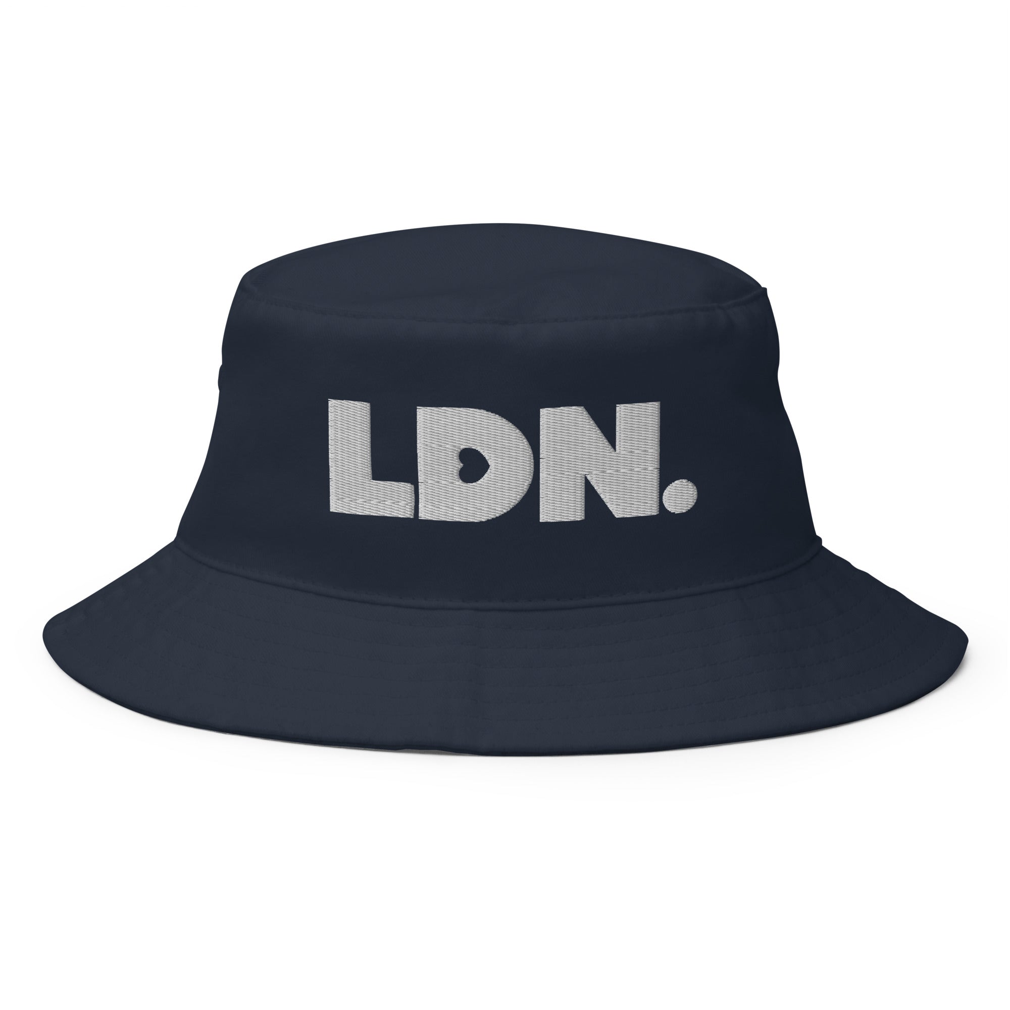 Bucket hat with bold embroidered LDN. logo on front. Features cotton twill fabric, breathable eyelets, and a relaxed wide brim. Ideal for everyday streetwear, summer outfits, or repping London in casual style.