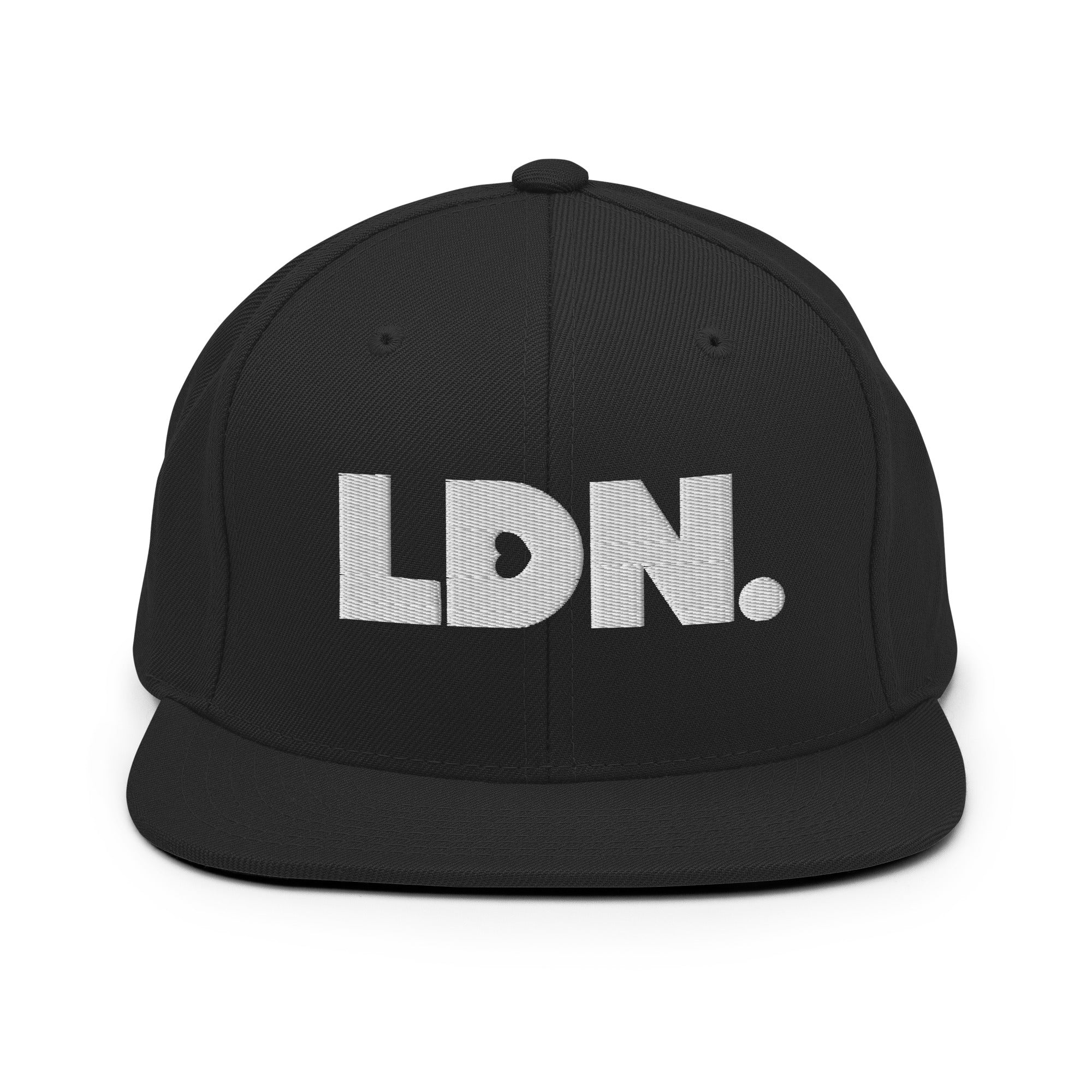Black snapback hat featuring bold “LDN.” text in white — streetwear-ready with structured fit, flat brim, and adjustable back. A sharp urban essential for London lovers.