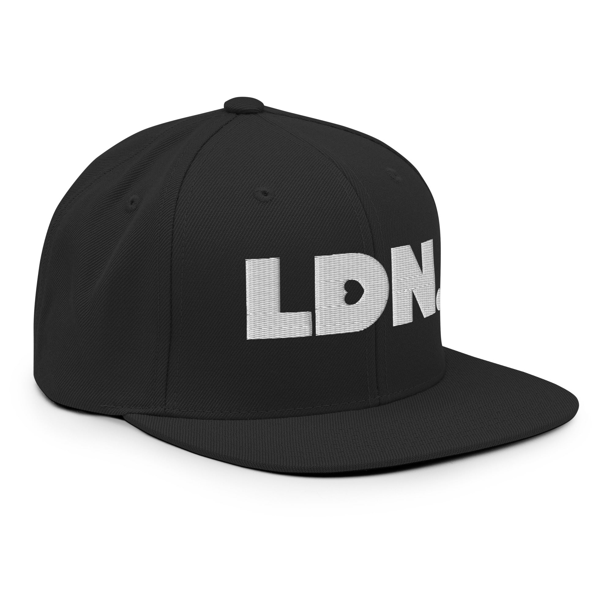 Black snapback hat featuring bold “LDN.” text in white — streetwear-ready with structured fit, flat brim, and adjustable back. A sharp urban essential for London lovers.